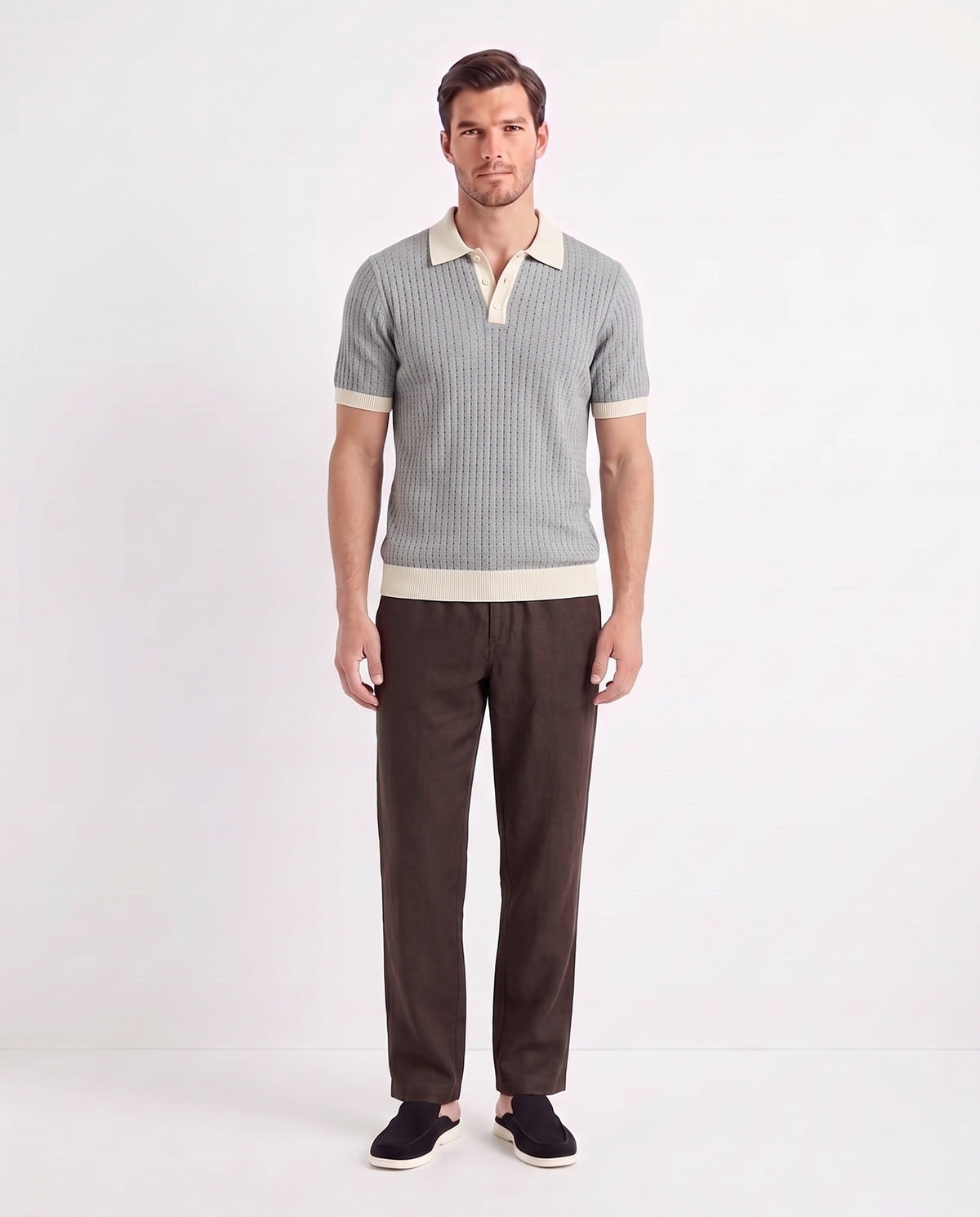 Dune Mule — Black — full look on the model, worn with Contrast Collar Knit Polo — Grey and Linen Trouser, Button Waist — Dark Brown