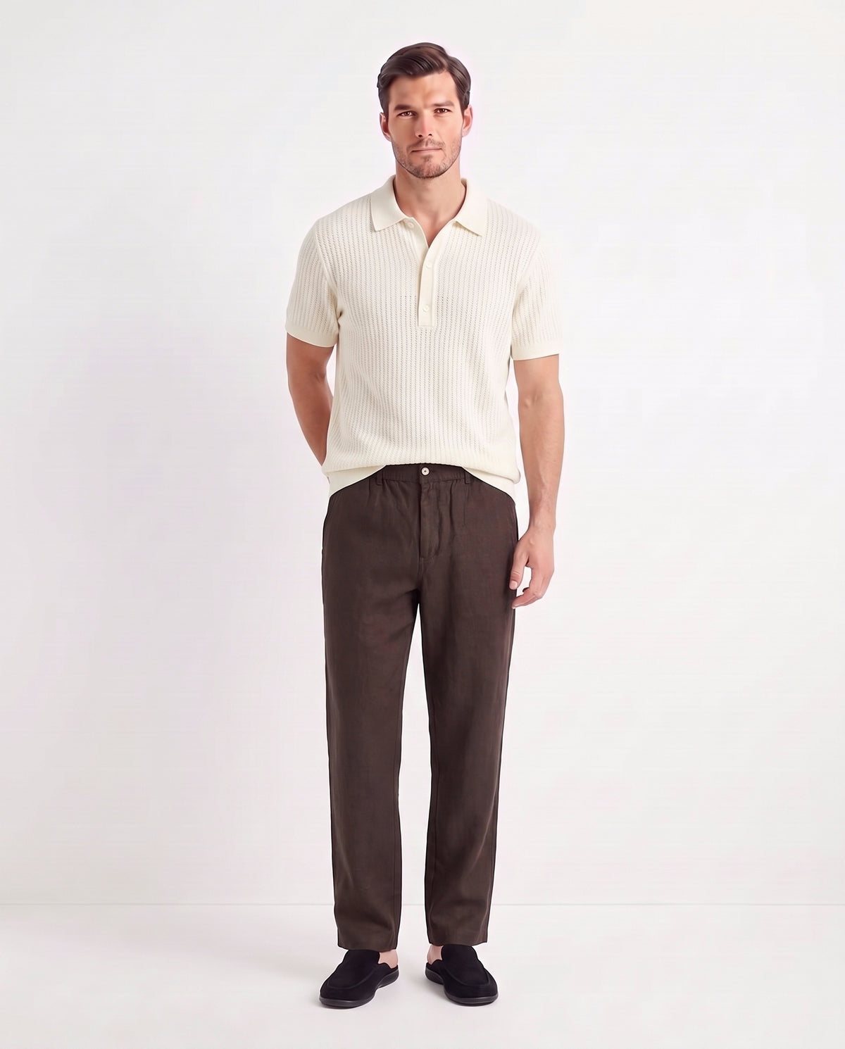 Dune Mule — Black, Black Sole — full look on the model, worn with Textured Knit Polo — Cream and Linen Trouser, Button Waist — Dark Brown