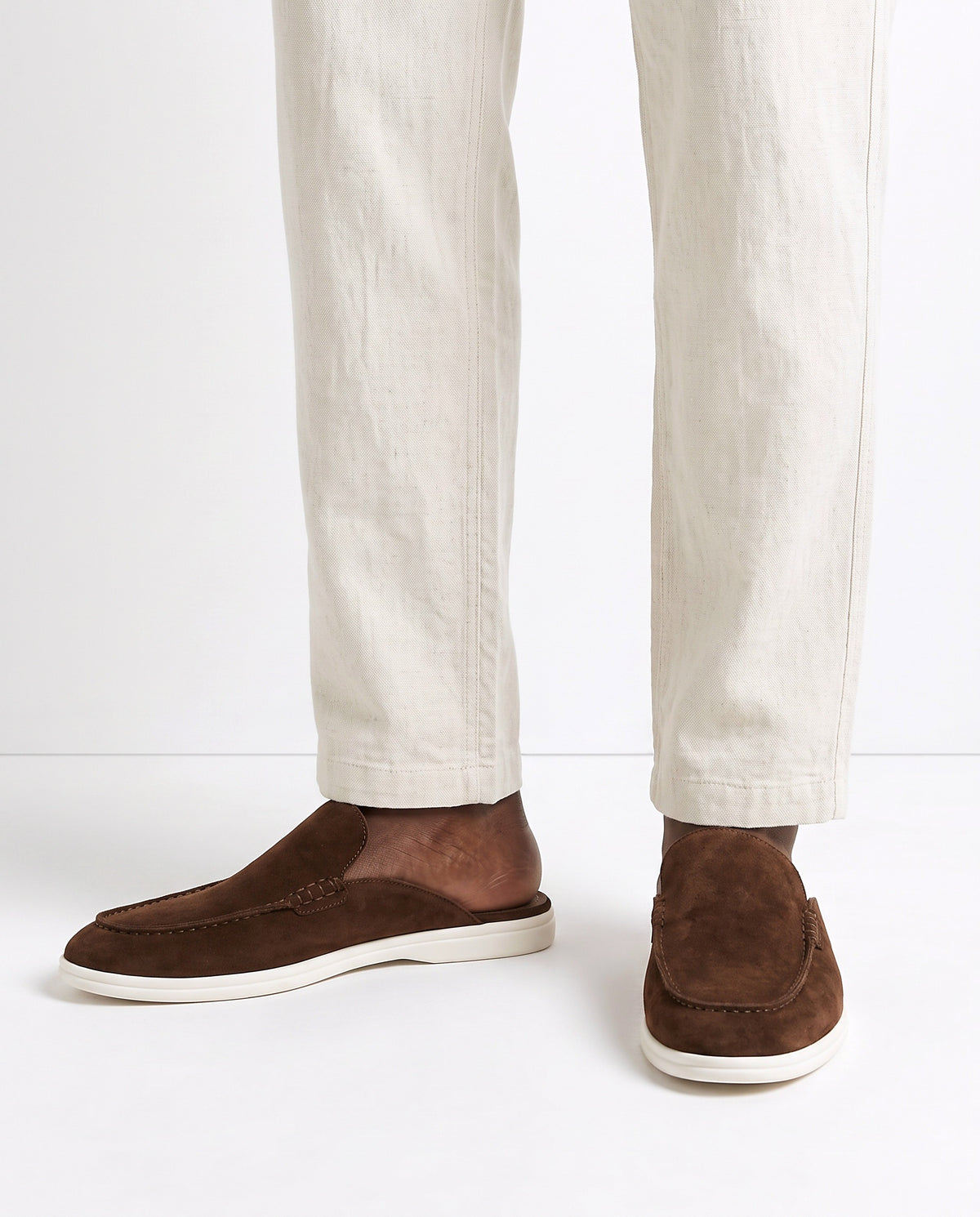 Dune Mule — Cocoa — on foot, close-up, worn with Retro Stripe Knit Polo — Black and Linen Trouser, Button Waist — Cream