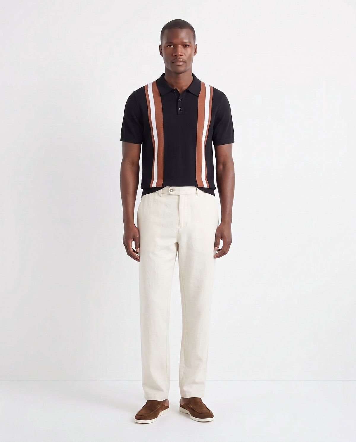 Dune Mule — Cocoa — full look on the model, worn with Retro Stripe Knit Polo — Black and Linen Trouser, Button Waist — Cream