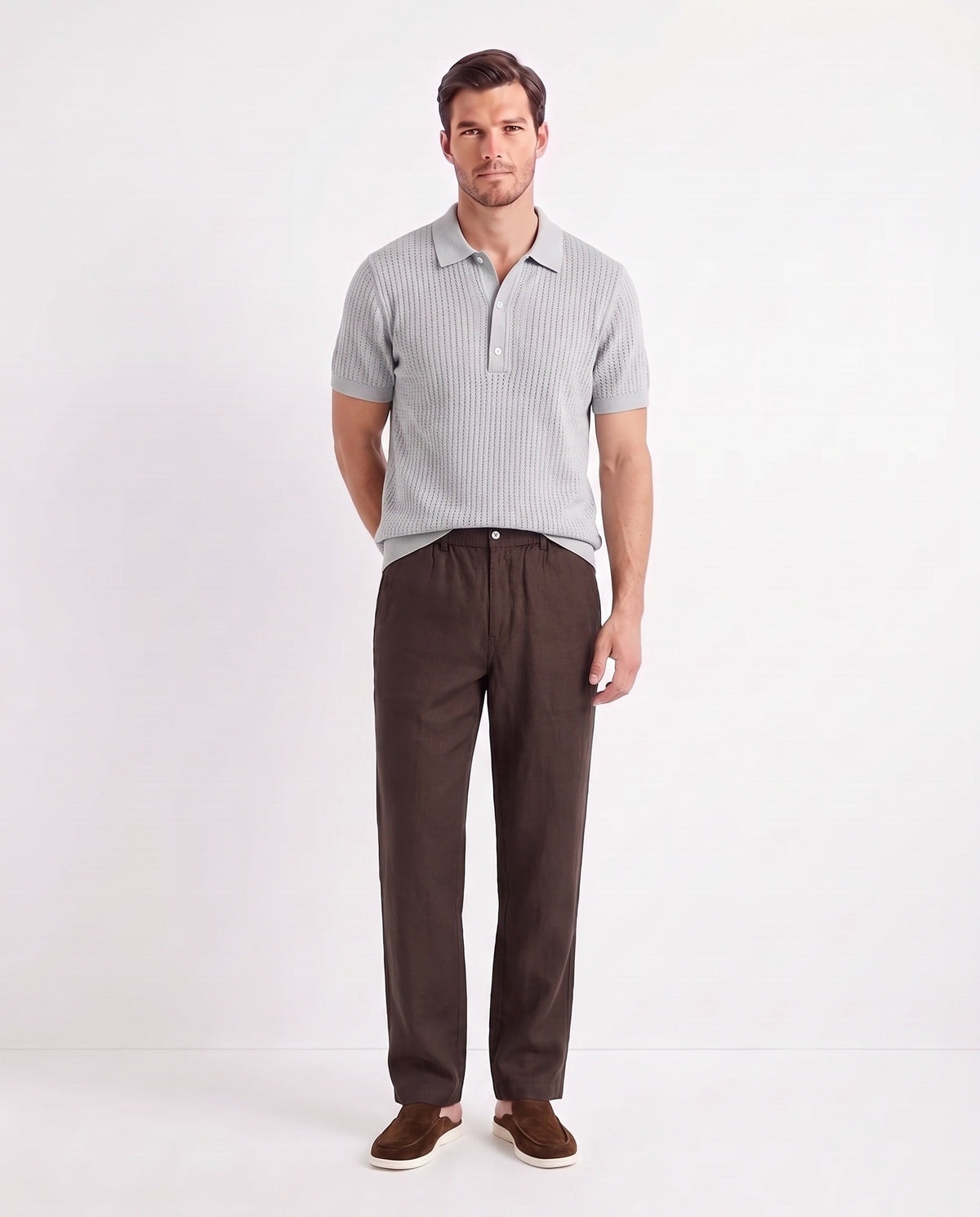 Dune Mule — Cocoa — full look on the model, worn with Textured Knit Polo — Light Grey and Linen Trouser, Button Waist — Dark Brown