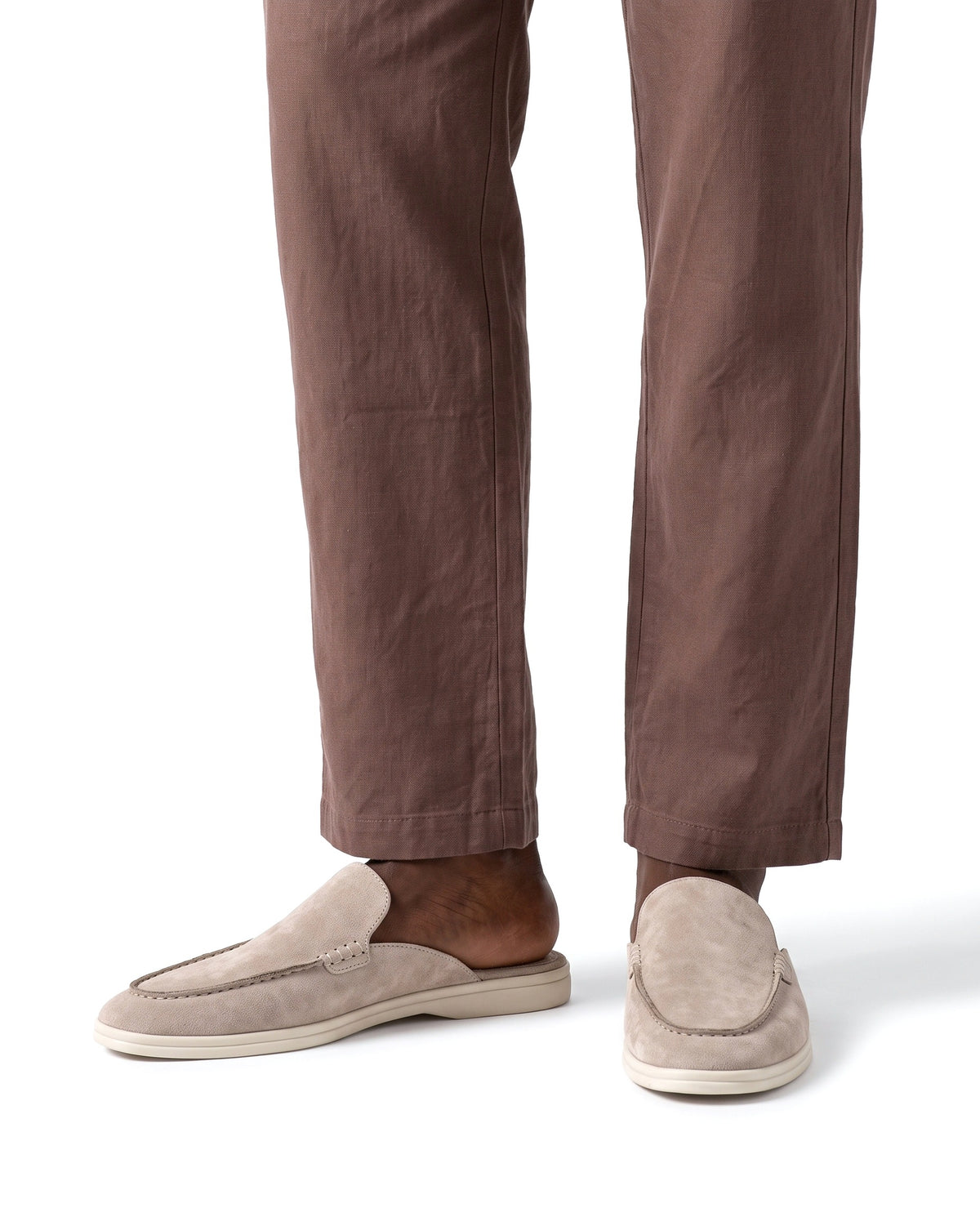 Dune Mule — Cream — on foot, close-up, worn with Retro Stripe Knit Polo — Cream and Linen Trouser, Drawstring — Brown