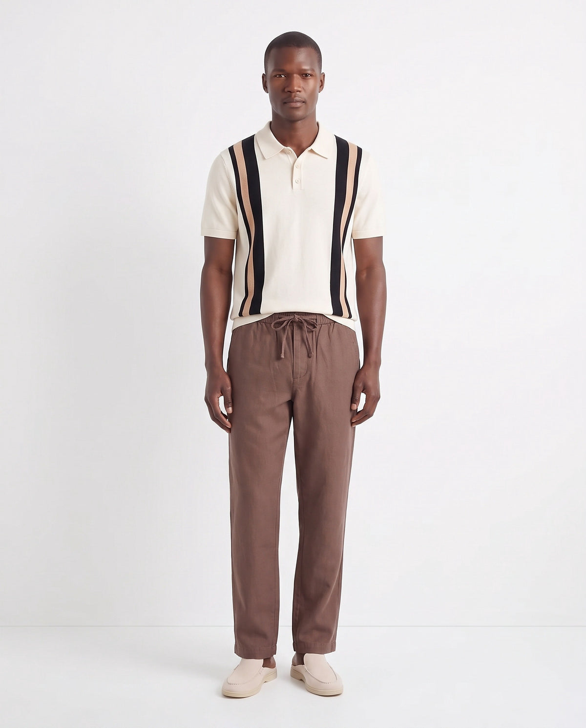 Dune Mule — Cream — full look on the model, worn with Retro Stripe Knit Polo — Cream and Linen Trouser, Drawstring — Brown