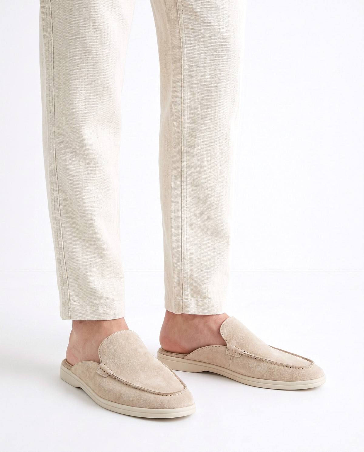 Dune Mule — Cream — on foot, close-up, worn with Tipped Knit Polo — Charcoal and Linen Trouser, Button Waist — Cream