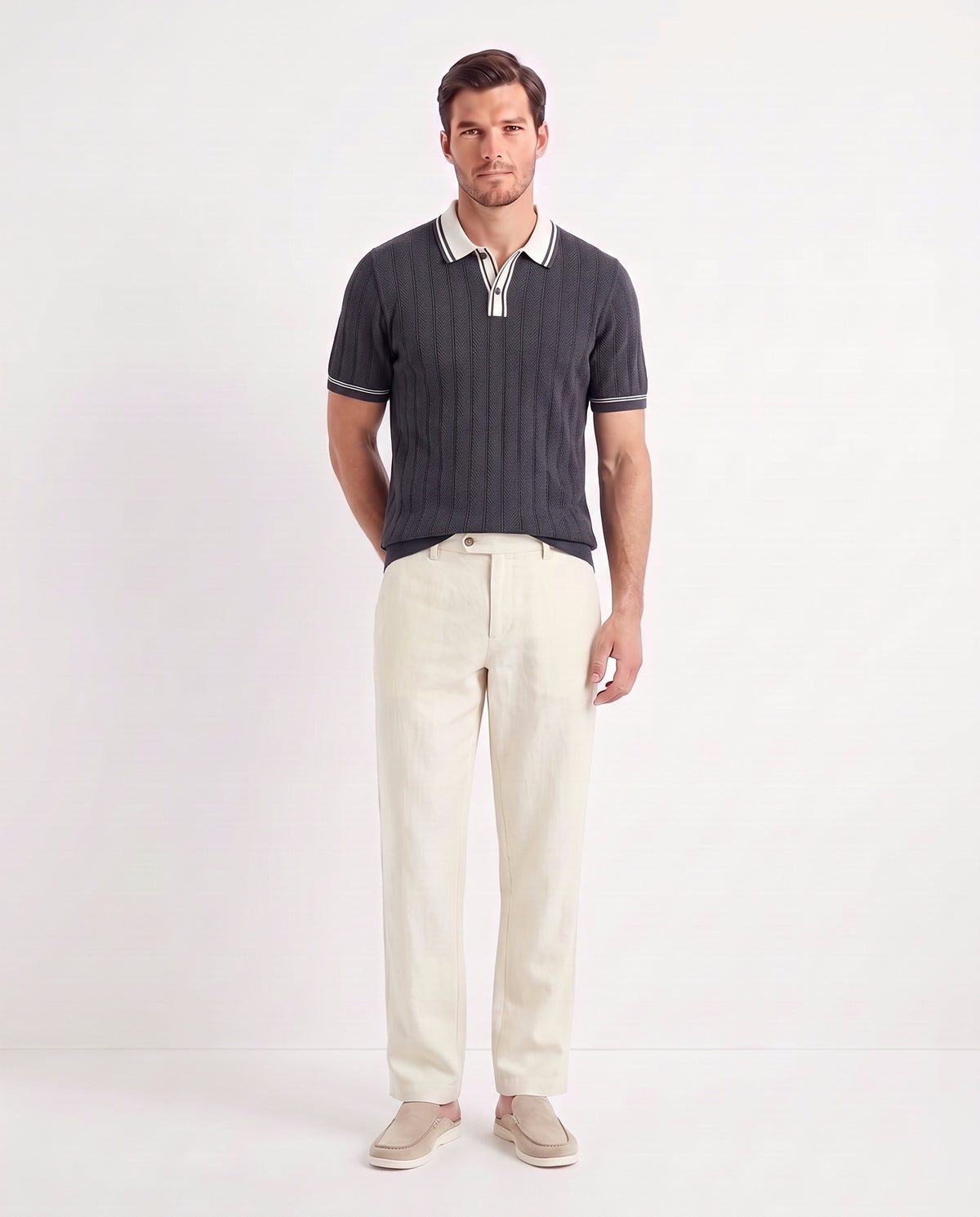 Dune Mule — Cream — full look on the model, worn with Tipped Knit Polo — Charcoal and Linen Trouser, Button Waist — Cream