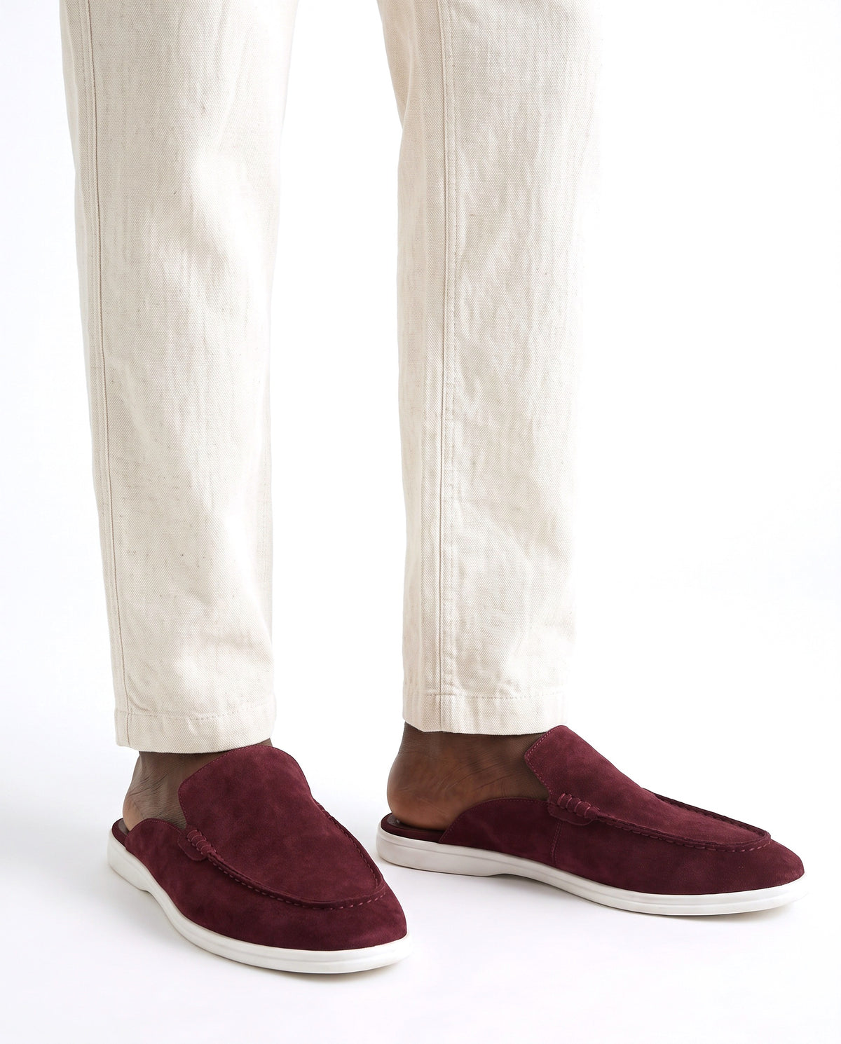 Dune Mule — Burgundy — on foot, close-up, worn with Contrast Collar Knit Polo — Black and Linen Trouser, Button Waist — Cream