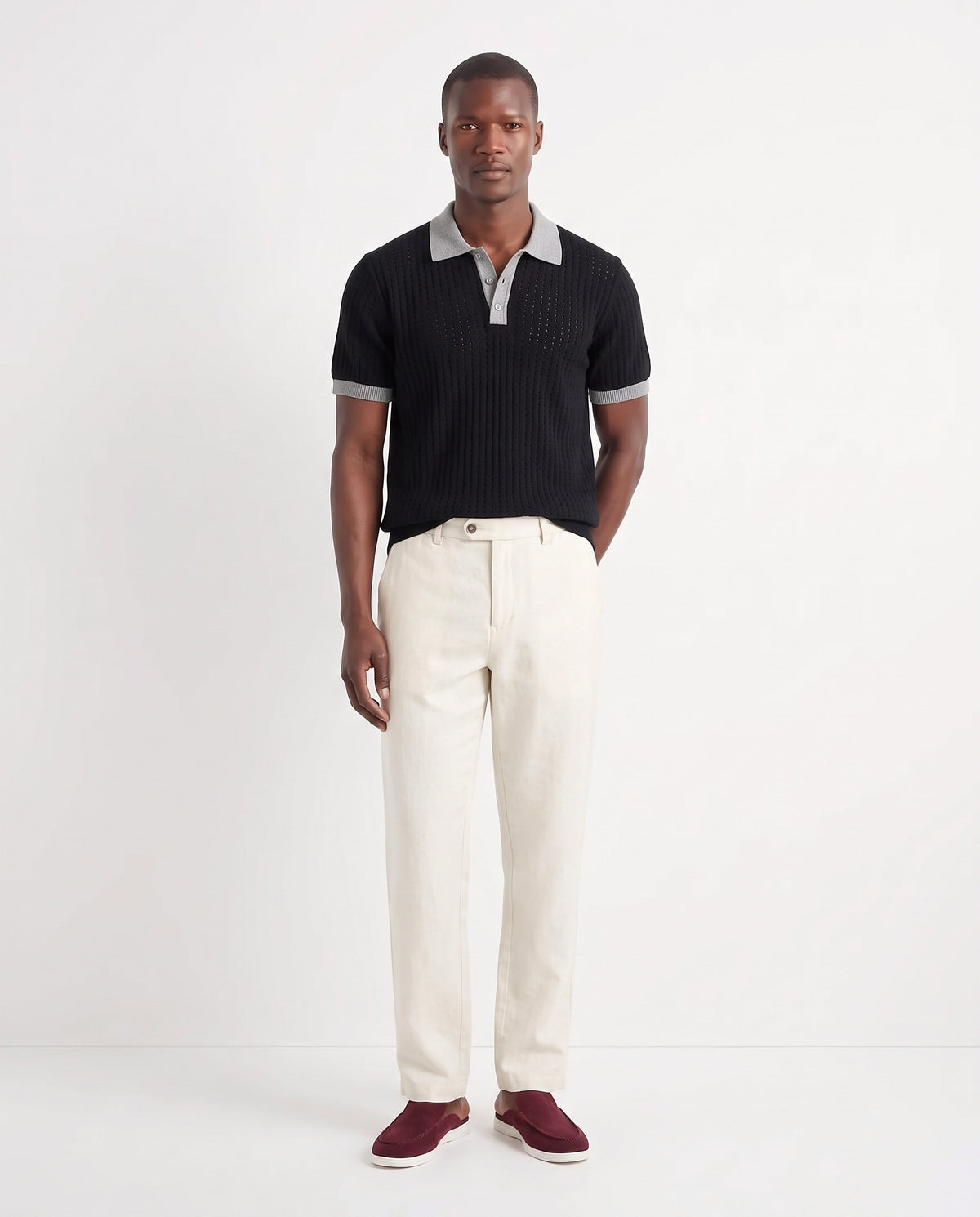 Dune Mule — Burgundy — full look on the model, worn with Contrast Collar Knit Polo — Black and Linen Trouser, Button Waist — Cream
