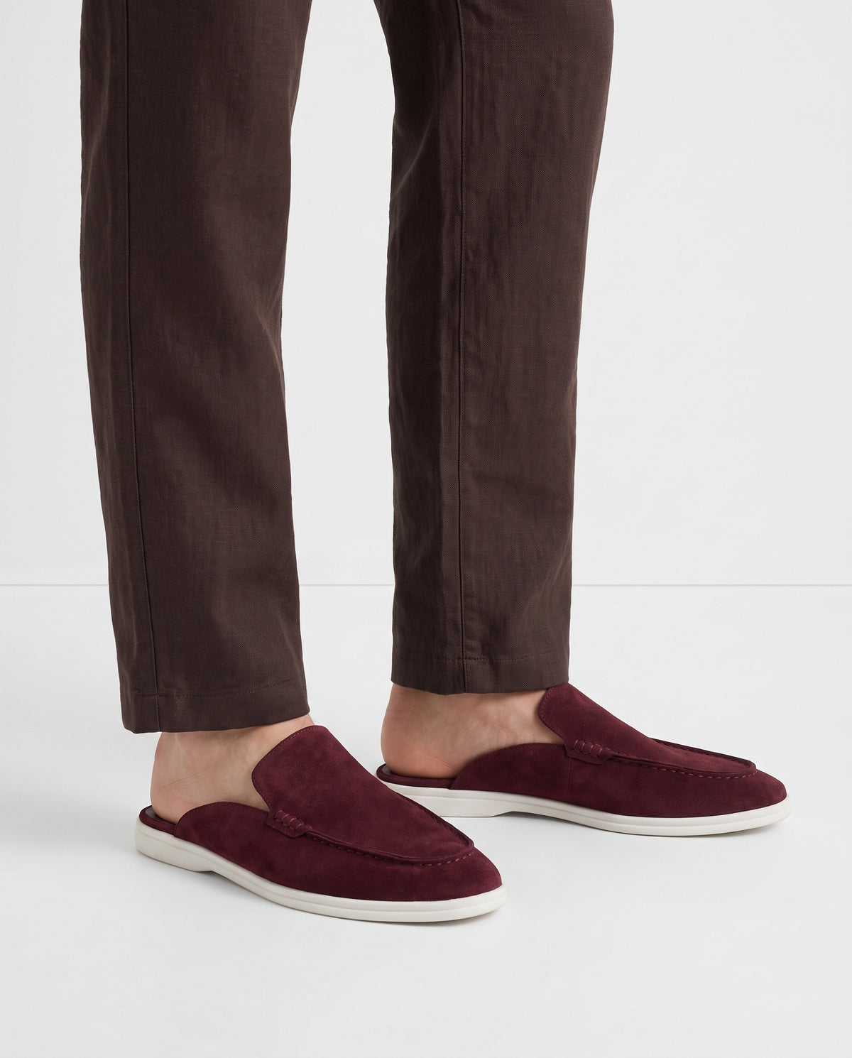Dune Mule — Burgundy — on foot, close-up, worn with Ribbed Knit Polo — Grey and Linen Trouser, Button Waist — Dark Brown