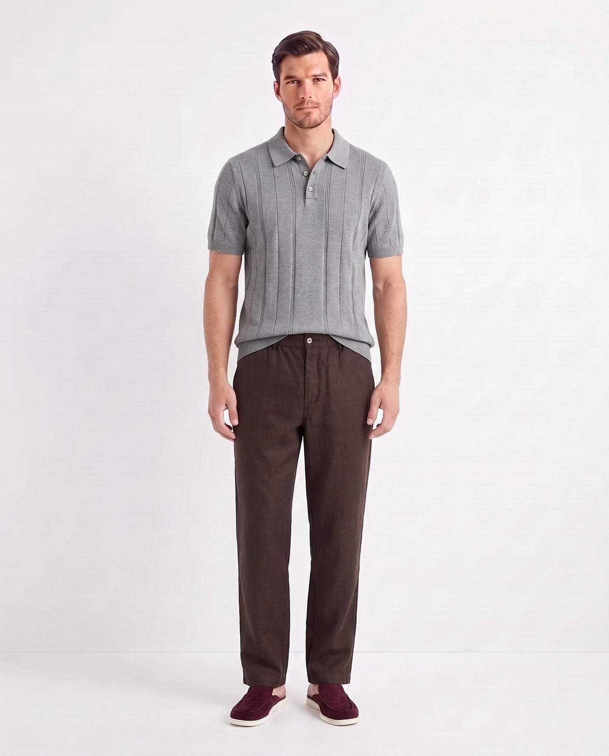 Dune Mule — Burgundy — full look on the model, worn with Ribbed Knit Polo — Grey and Linen Trouser, Button Waist — Dark Brown