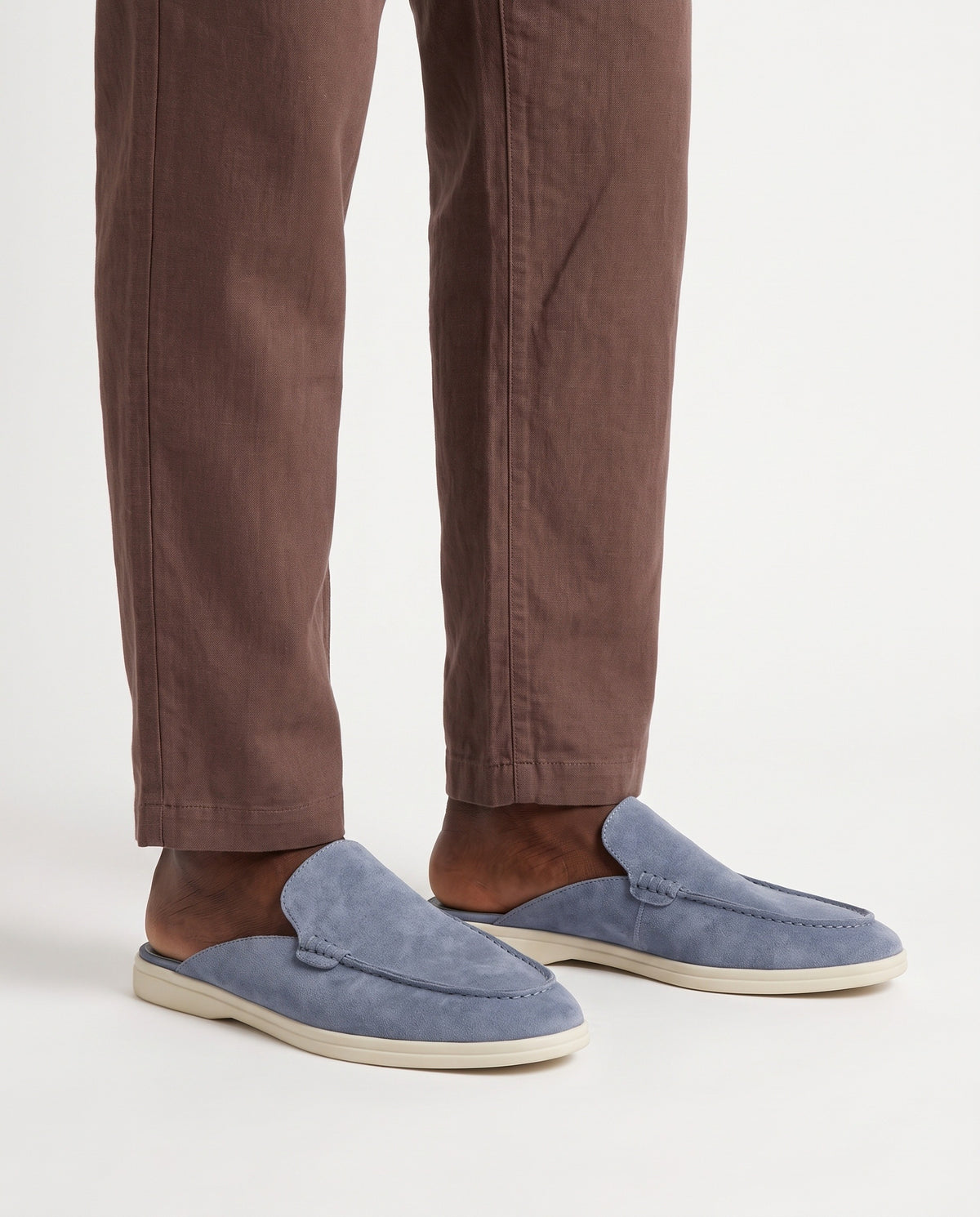 Dune Mule — Dusk Blue — on foot, close-up, worn with Colour-Block Knit Polo — Brown / Cream and Linen Trouser, Drawstring — Brown