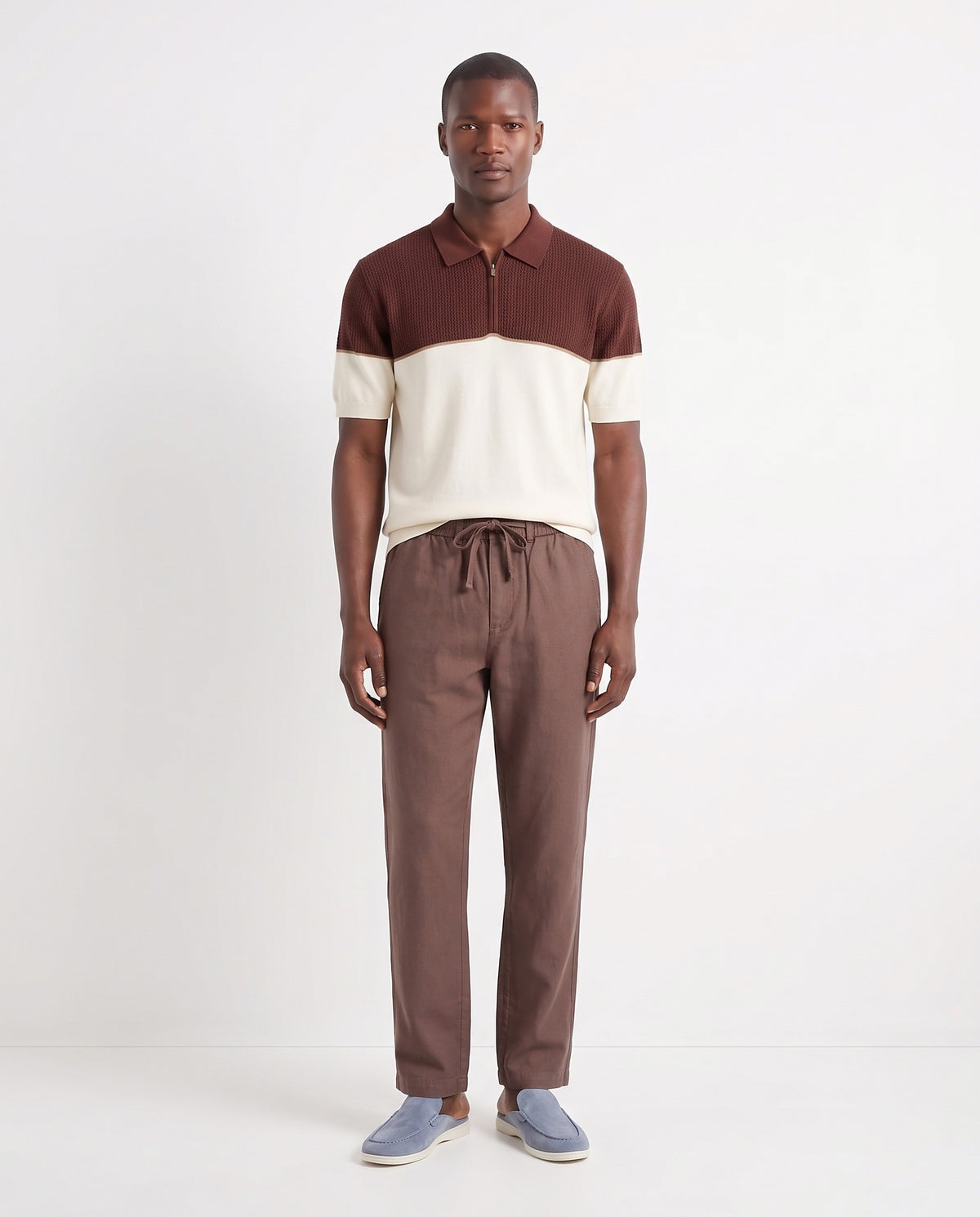 Dune Mule — Dusk Blue — full look on the model, worn with Colour-Block Knit Polo — Brown / Cream and Linen Trouser, Drawstring — Brown