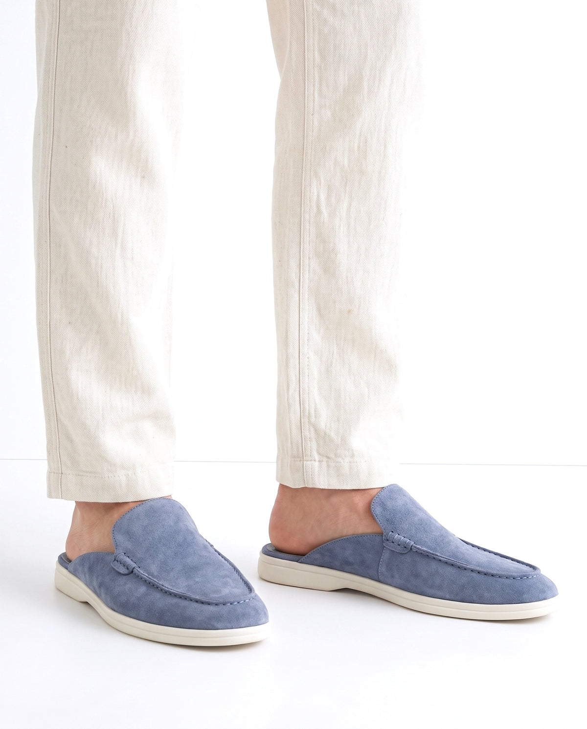 Dune Mule — Dusk Blue — on foot, close-up, worn with Textured Knit Polo — Dark Olive and Linen Trouser, Button Waist — Cream