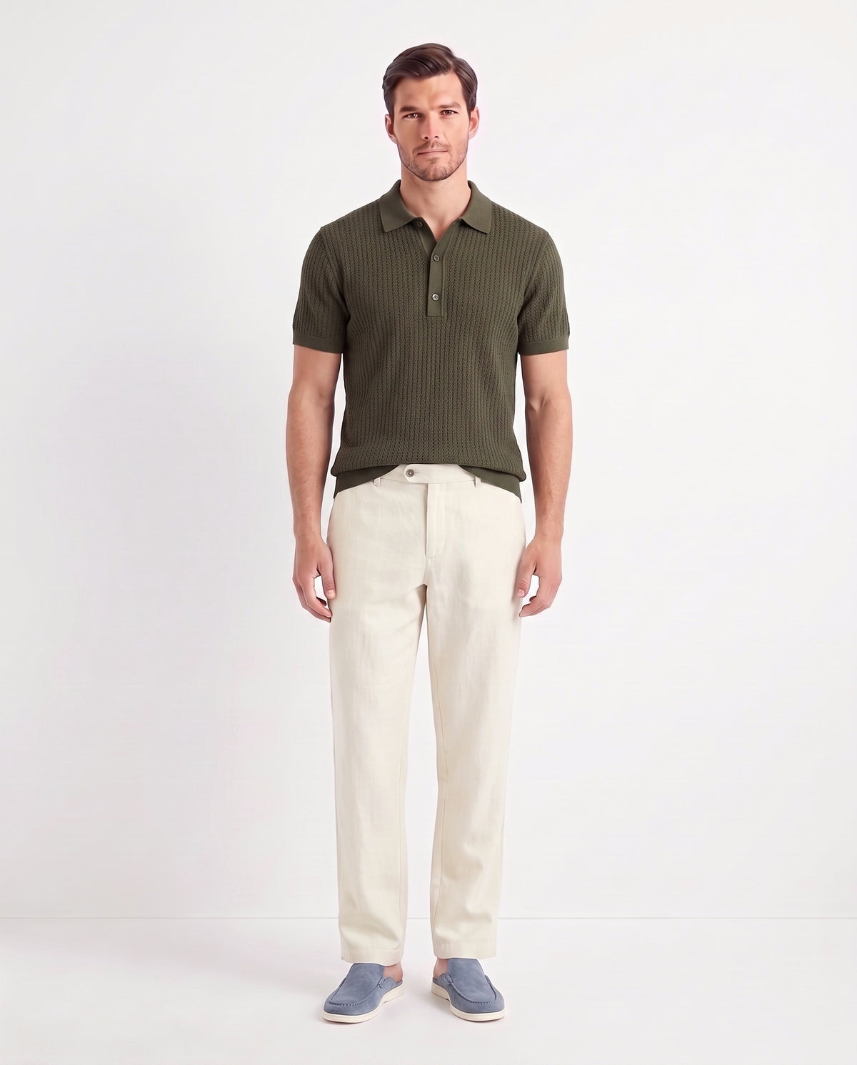 Dune Mule — Dusk Blue — full look on the model, worn with Textured Knit Polo — Dark Olive and Linen Trouser, Button Waist — Cream