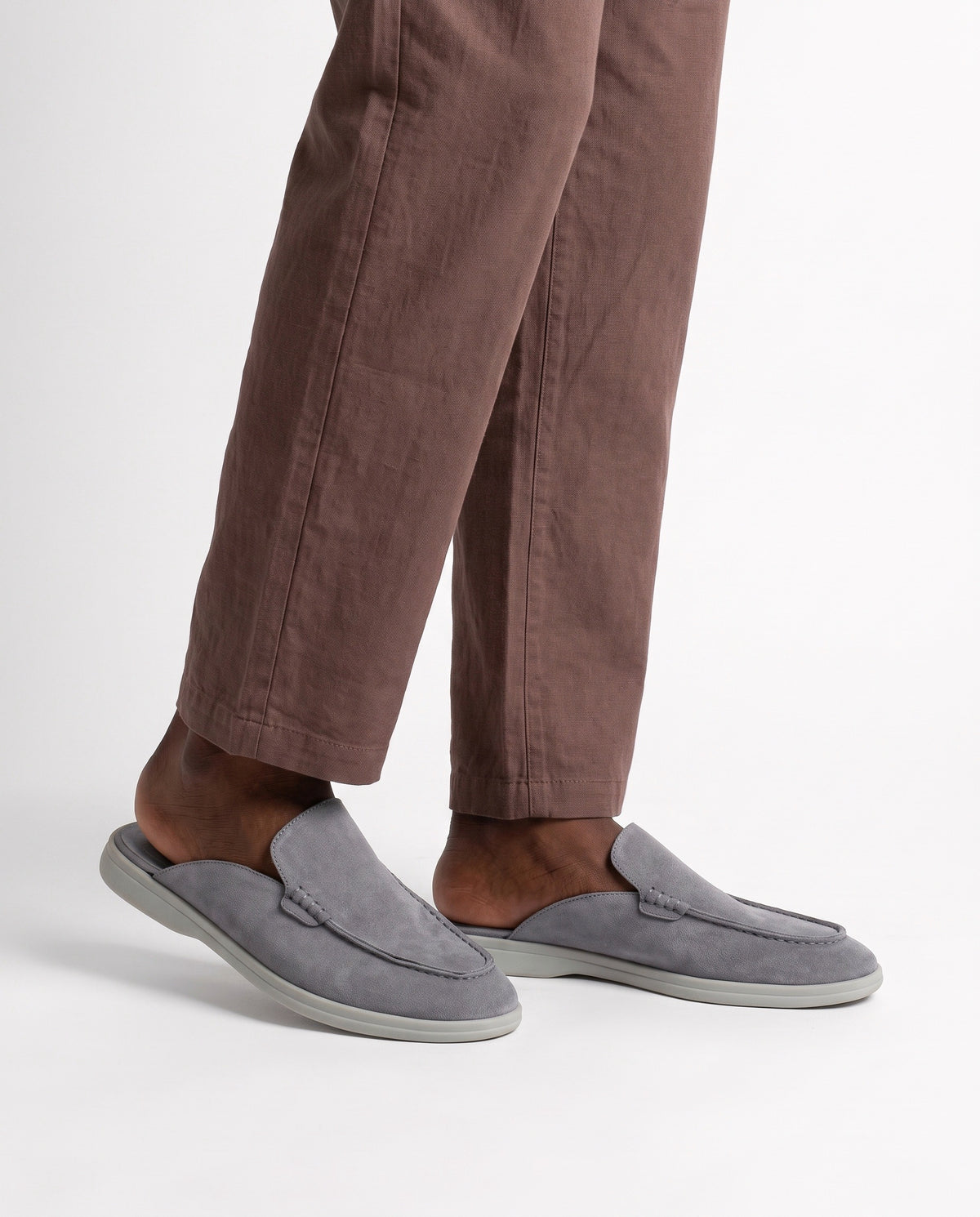 Dune Mule — Grey — on foot, close-up, worn with Textured Knit Polo — Light Grey and Linen Trouser, Drawstring — Brown