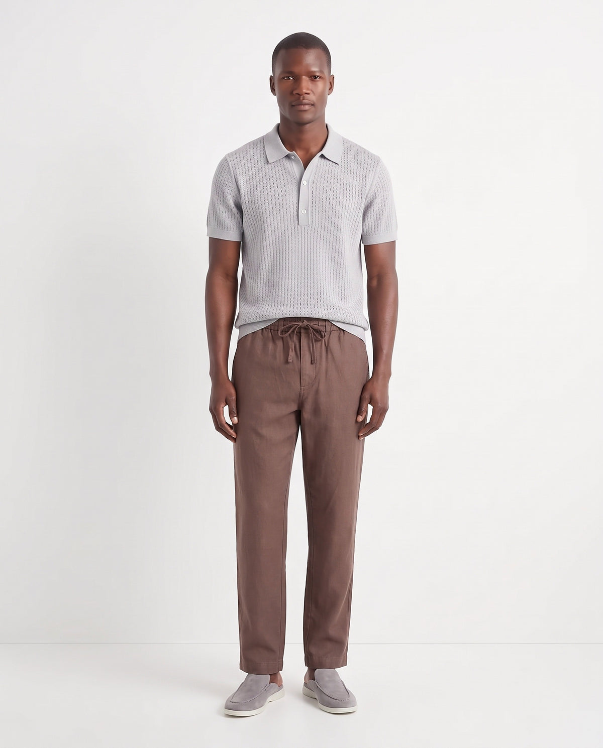 Dune Mule — Grey — full look on the model, worn with Textured Knit Polo — Light Grey and Linen Trouser, Drawstring — Brown