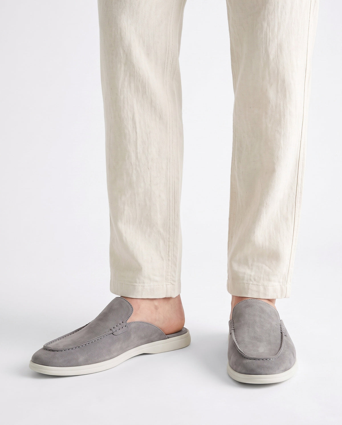 Dune Mule — Grey — on foot, close-up, worn with Ribbed Knit Polo — Brown and Linen Trouser, Button Waist — Cream