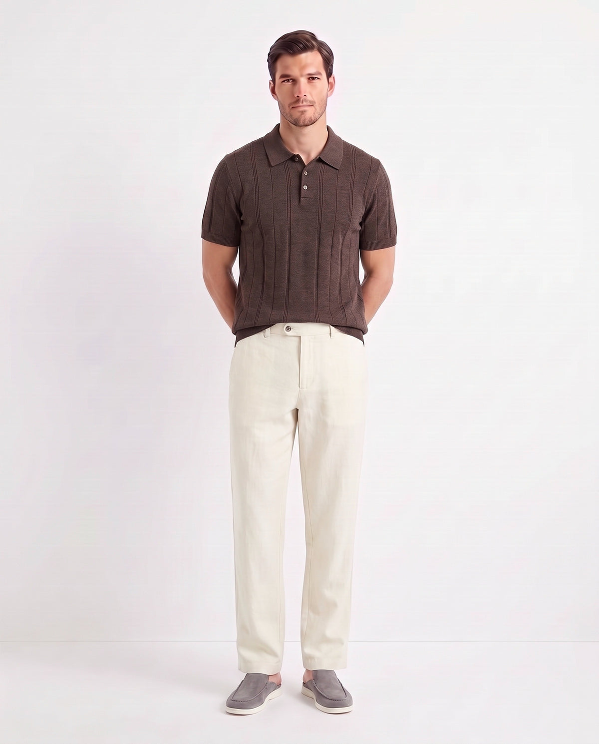 Dune Mule — Grey — full look on the model, worn with Ribbed Knit Polo — Brown and Linen Trouser, Button Waist — Cream