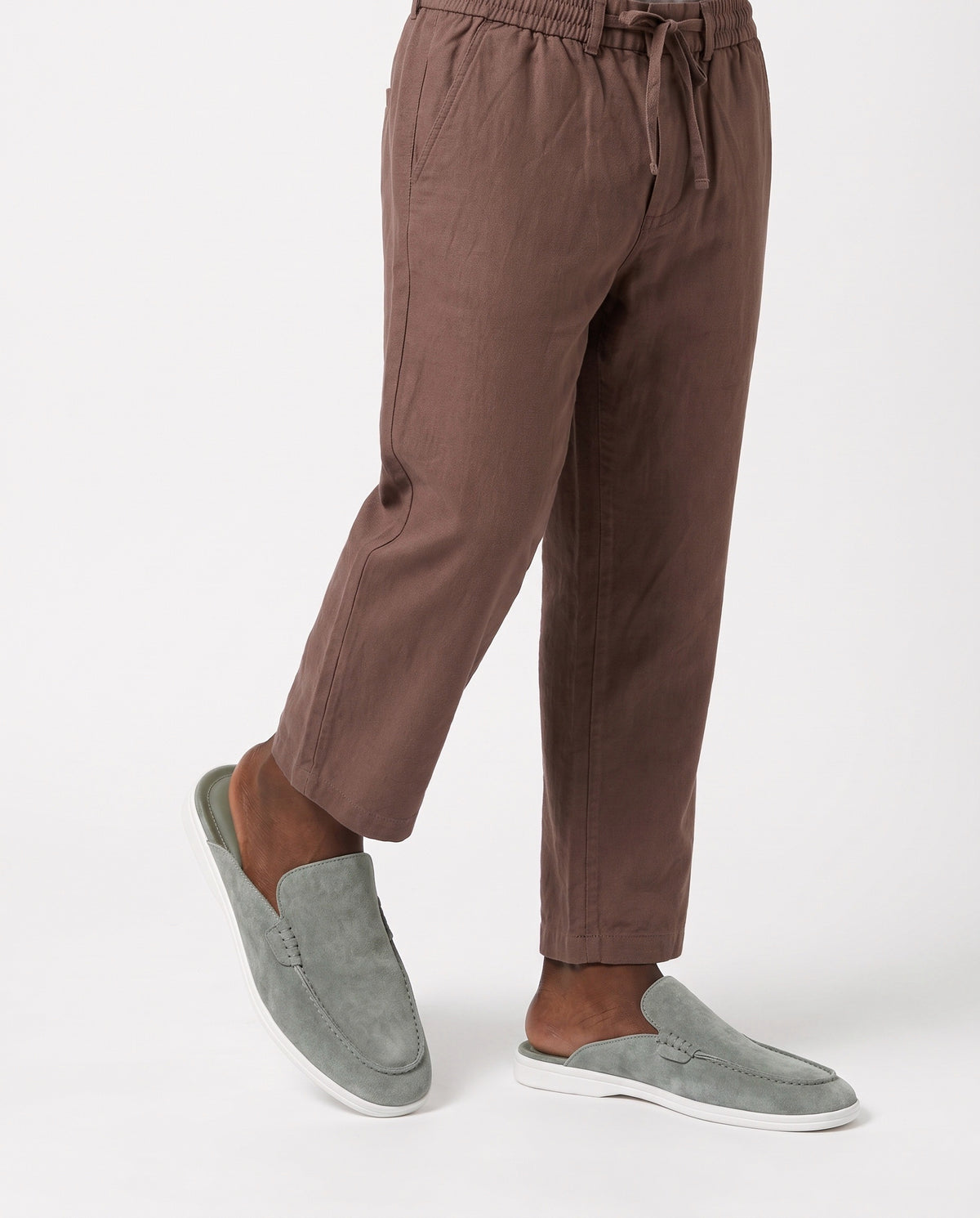 Dune Mule — Sage Green — on foot, close-up, worn with Retro Stripe Knit Polo — Cream and Linen Trouser, Drawstring — Brown