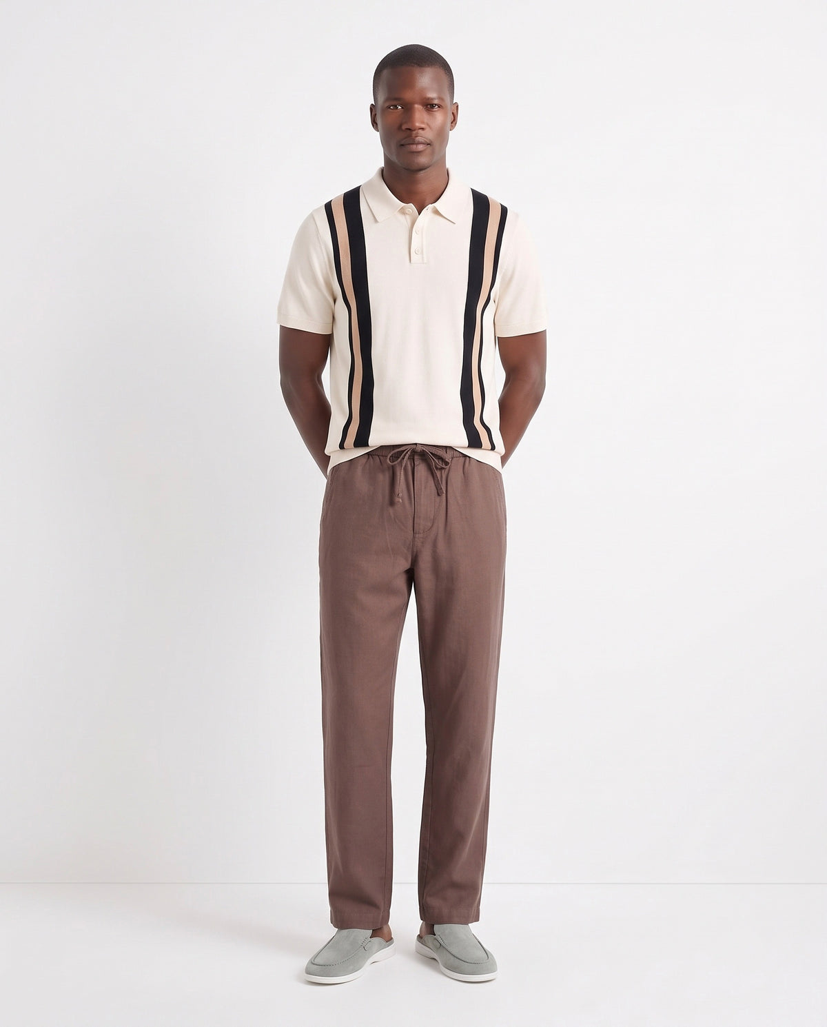 Dune Mule — Sage Green — full look on the model, worn with Retro Stripe Knit Polo — Cream and Linen Trouser, Drawstring — Brown