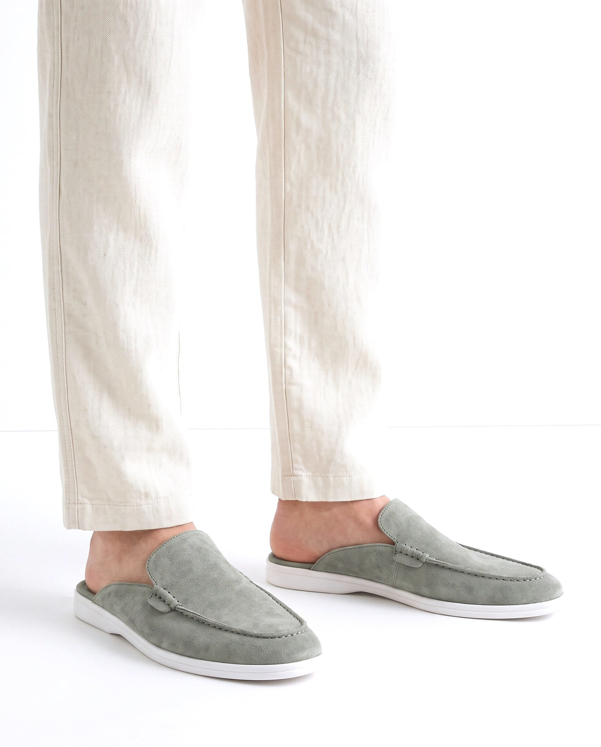 Dune Mule — Sage Green — on foot, close-up, worn with Contrast Collar Knit Polo — Rust and Linen Trouser, Button Waist — Cream