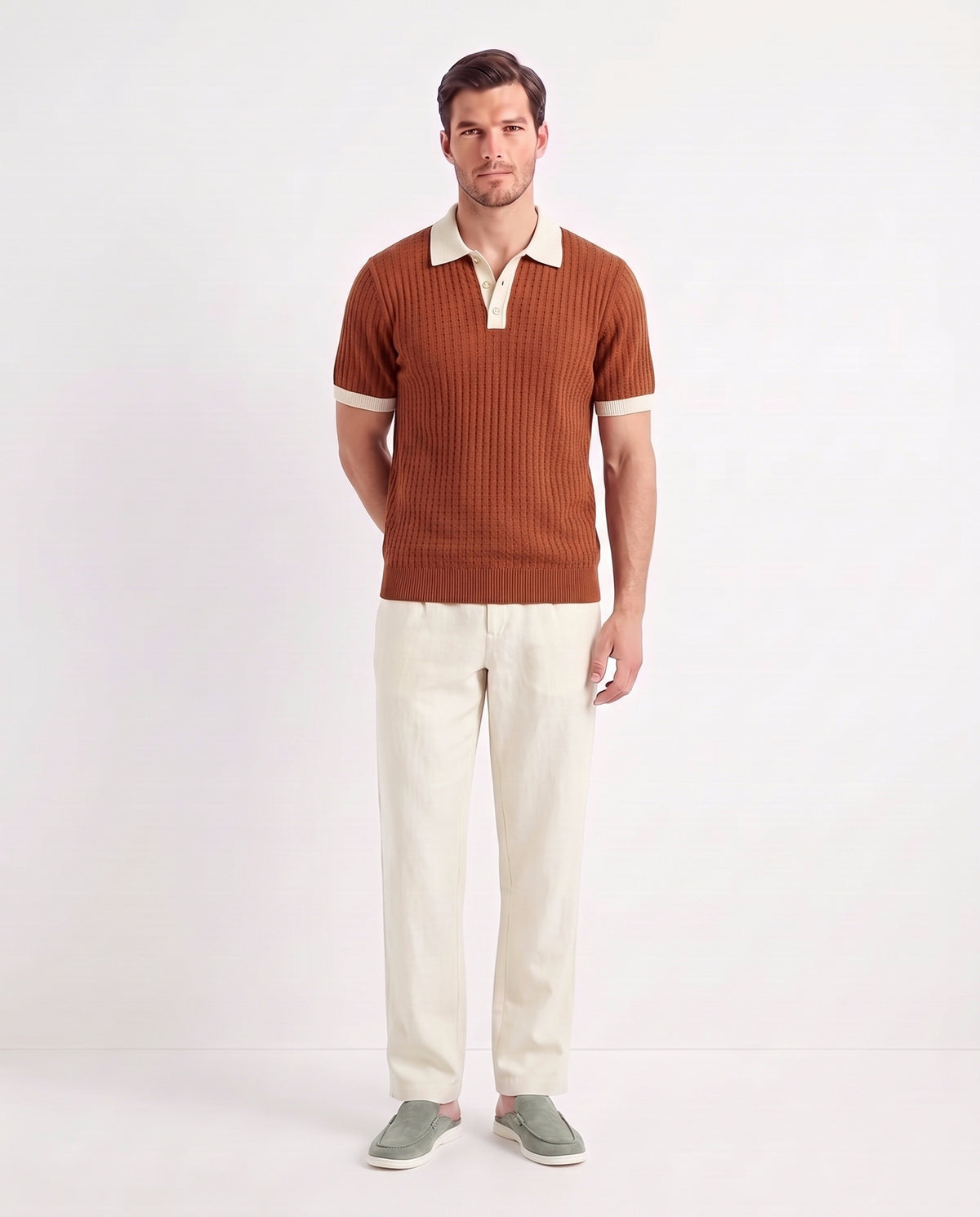 Dune Mule — Sage Green — full look on the model, worn with Contrast Collar Knit Polo — Rust and Linen Trouser, Button Waist — Cream