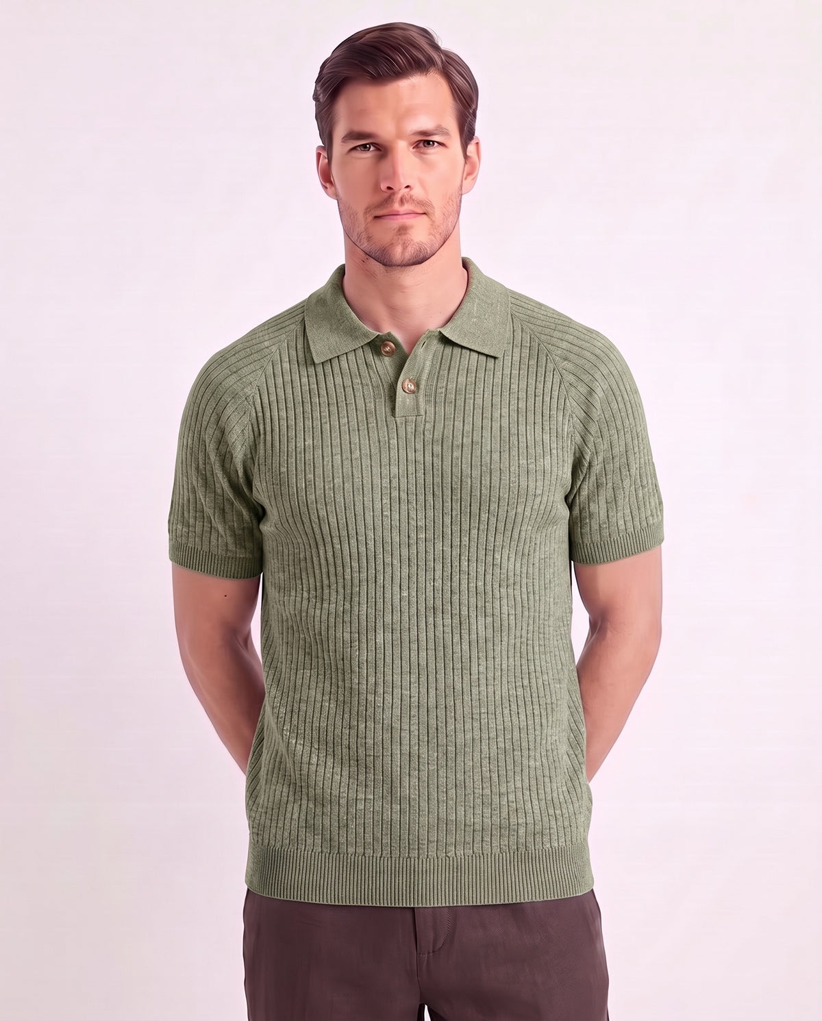 Heather Knit Polo — Green — close-up on the model, worn with Linen Trouser, Button Waist — Dark Brown and Terra Loafer — Cream, Beige Sole