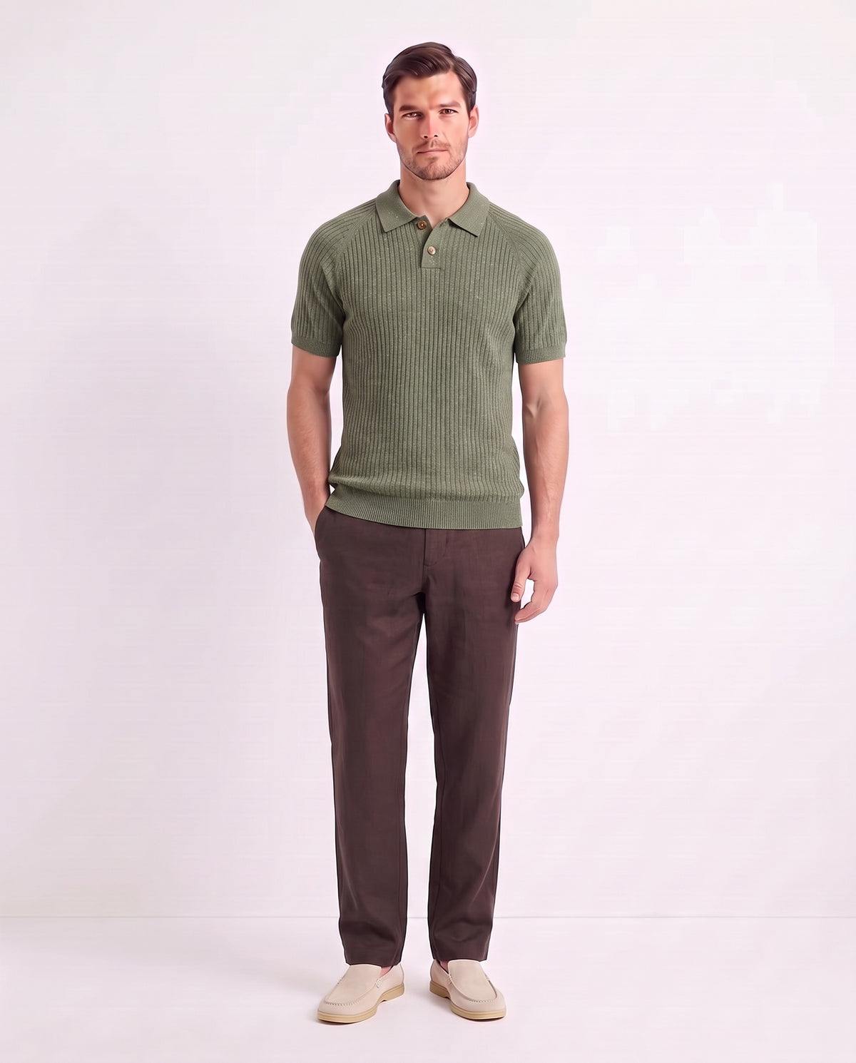 Heather Knit Polo — Green — full look on the model, worn with Linen Trouser, Button Waist — Dark Brown and Terra Loafer — Cream, Beige Sole