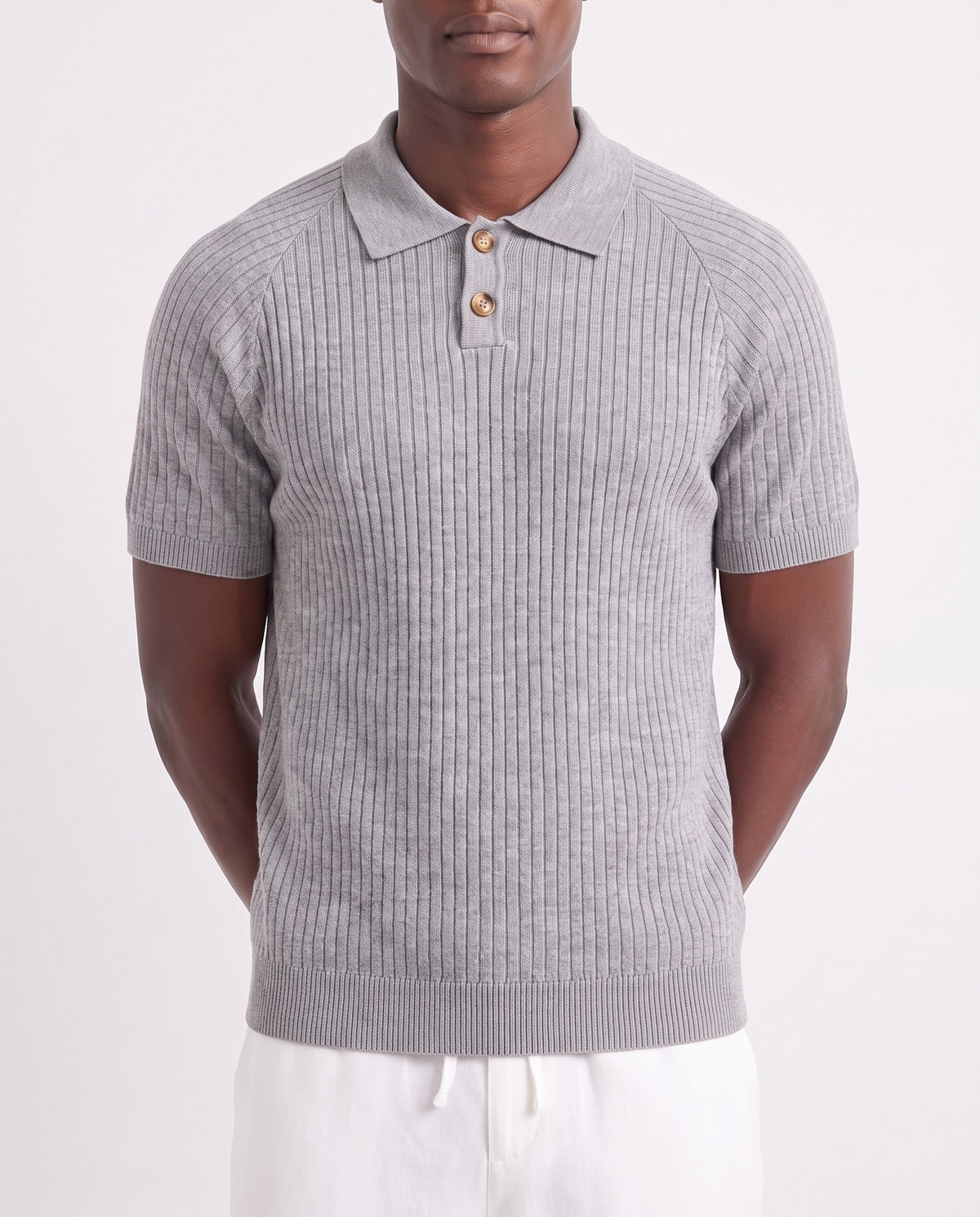 Heather Knit Polo — Grey — close-up on the model, worn with Linen Trouser, Drawstring — White and Terra Loafer — Navy Suede, White Sole