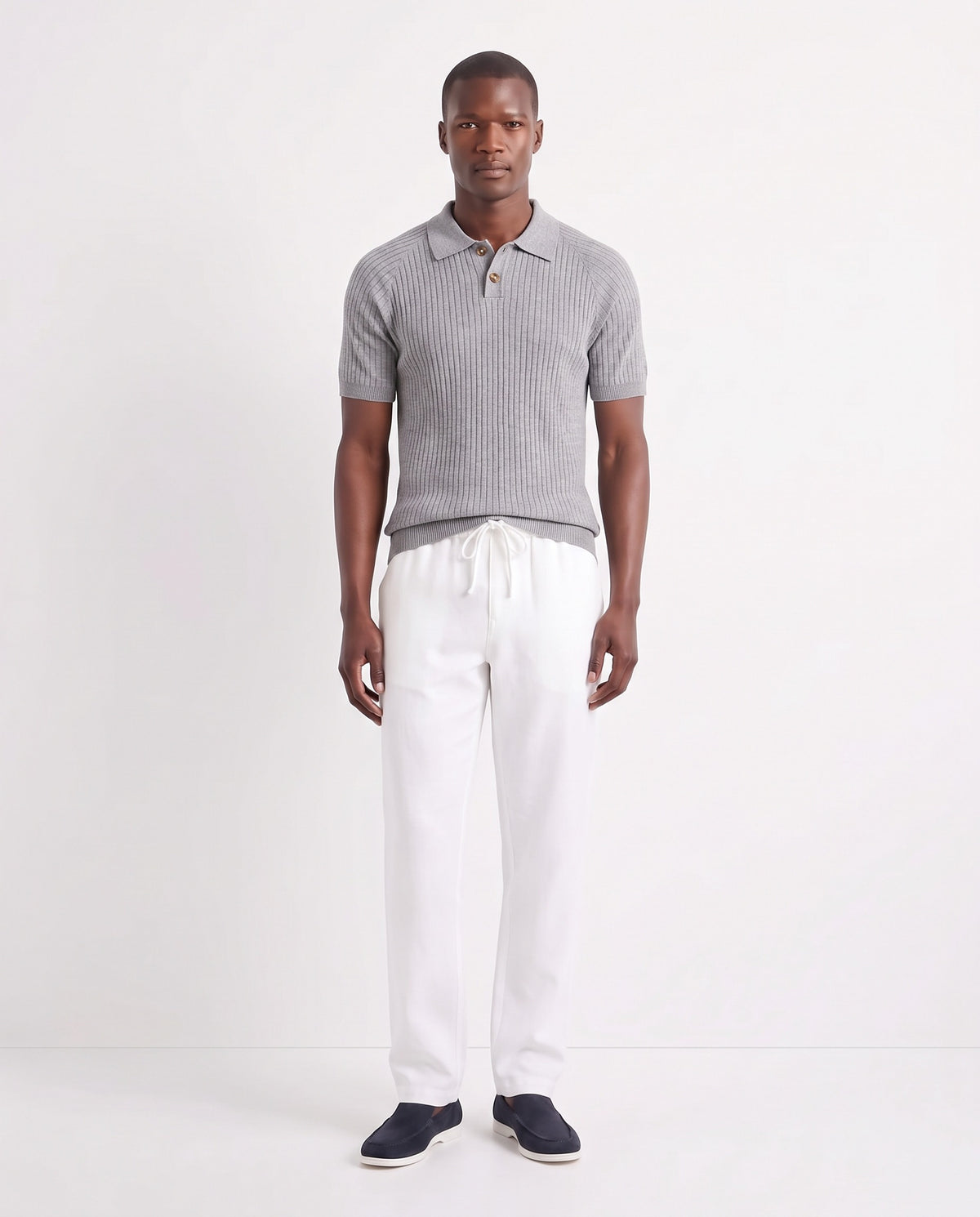 Heather Knit Polo — Grey — full look on the model, worn with Linen Trouser, Drawstring — White and Terra Loafer — Navy Suede, White Sole
