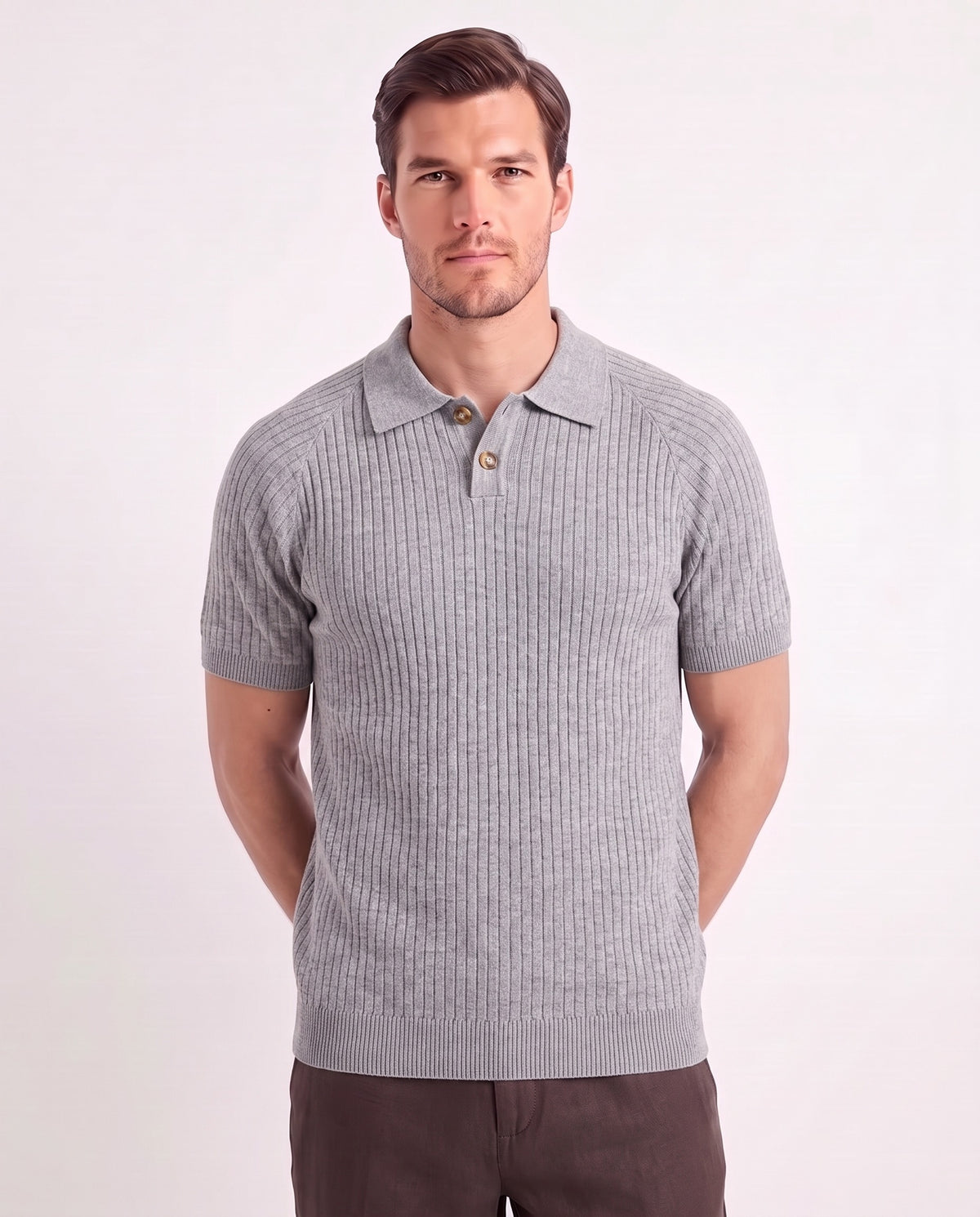 Heather Knit Polo — Grey — close-up on the model, worn with Linen Trouser, Button Waist — Dark Brown and Dune Mule — Grey
