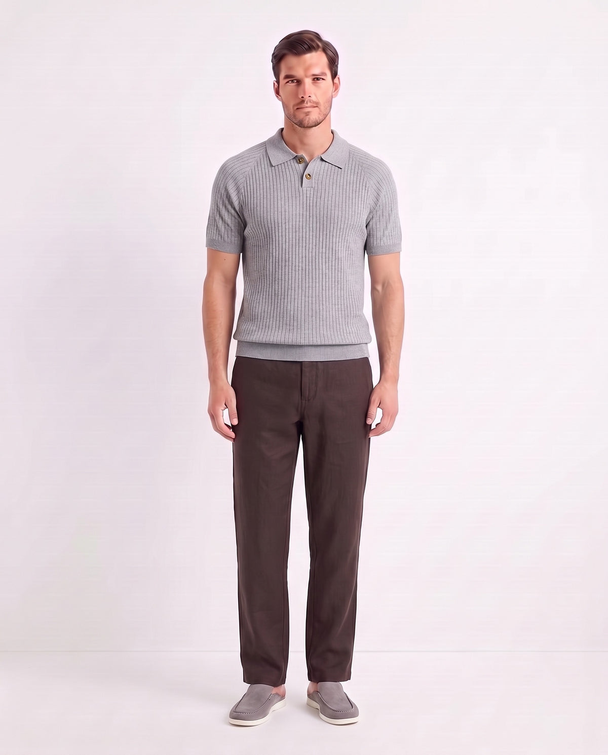 Heather Knit Polo — Grey — full look on the model, worn with Linen Trouser, Button Waist — Dark Brown and Dune Mule — Grey