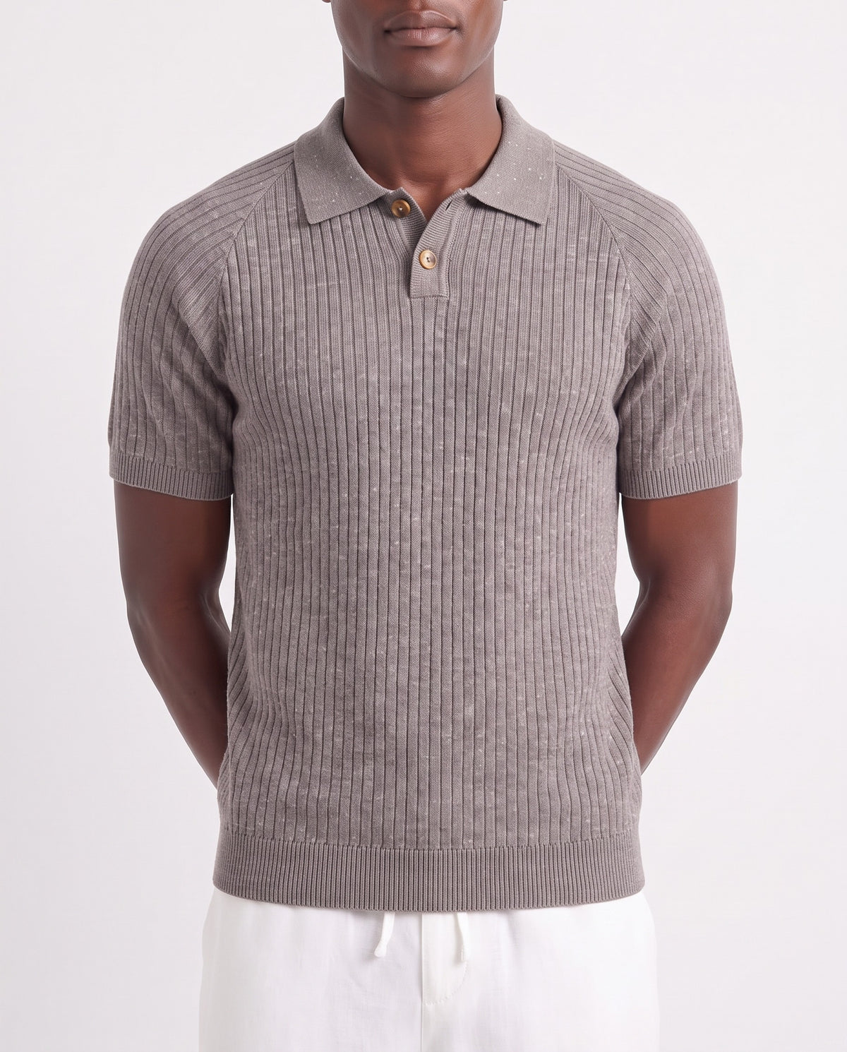 Heather Knit Polo — Mauve — close-up on the model, worn with Linen Trouser, Drawstring — White and Terra Loafer — Navy Suede, White Sole