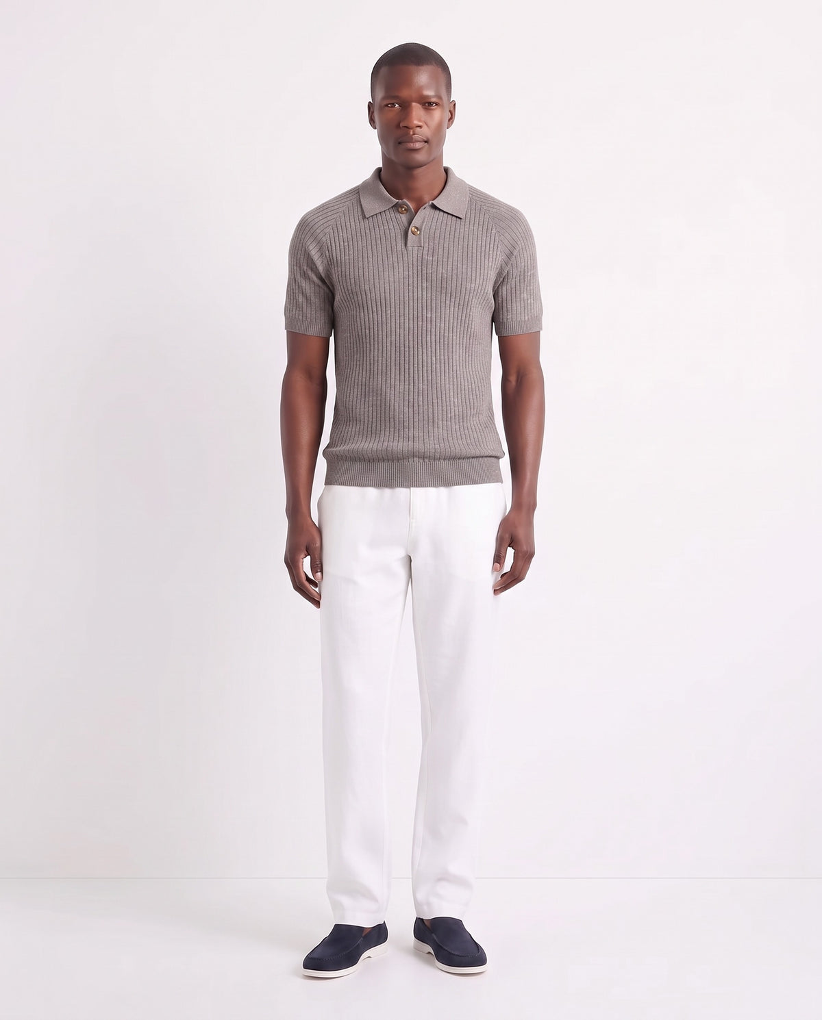 Heather Knit Polo — Mauve — full look on the model, worn with Linen Trouser, Drawstring — White and Terra Loafer — Navy Suede, White Sole