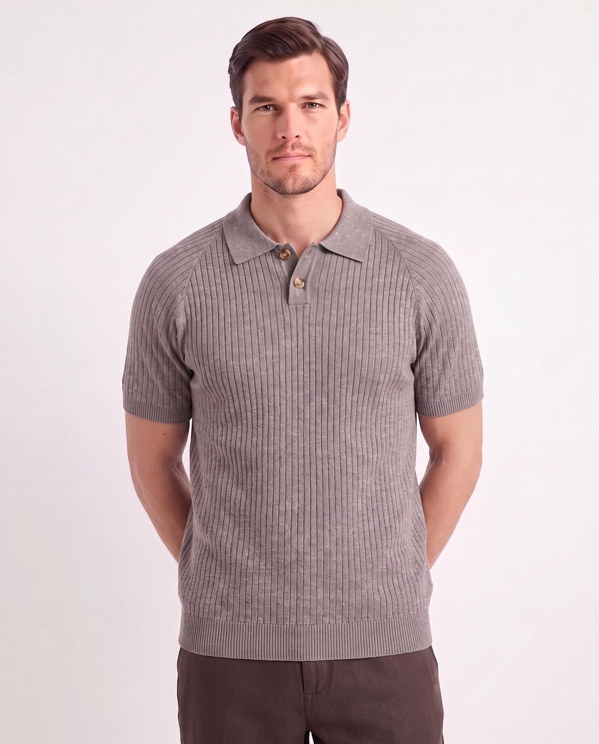 Heather Knit Polo — Mauve — close-up on the model, worn with Linen Trouser, Button Waist — Dark Brown and Dune Mule — Grey