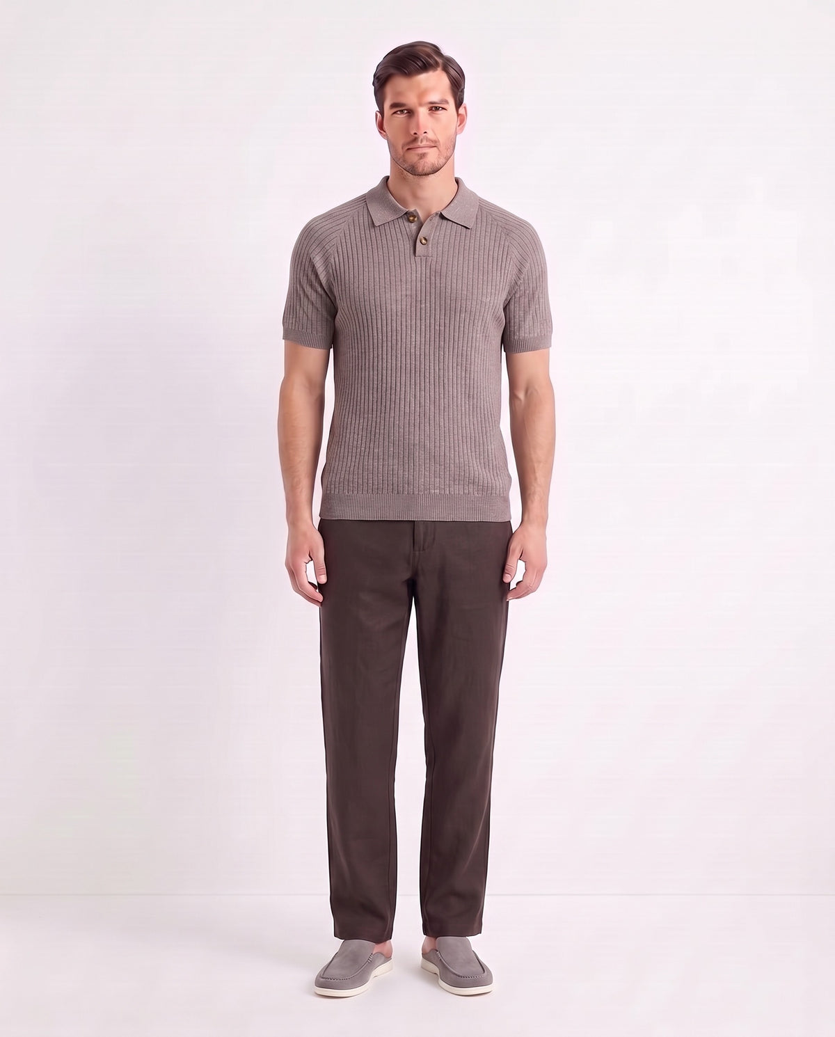 Heather Knit Polo — Mauve — full look on the model, worn with Linen Trouser, Button Waist — Dark Brown and Dune Mule — Grey