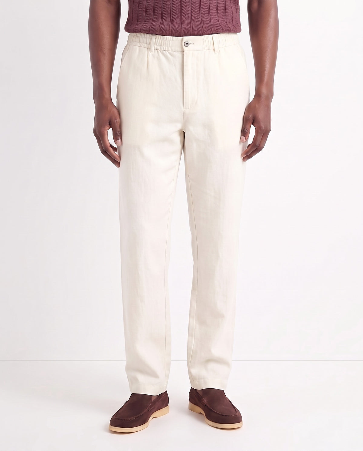 Linen Trouser, Button Waist — Cream — close-up on the model, worn with Tipped Knit Polo — Burgundy and Terra Loafer — Dark Brown, Beige Sole