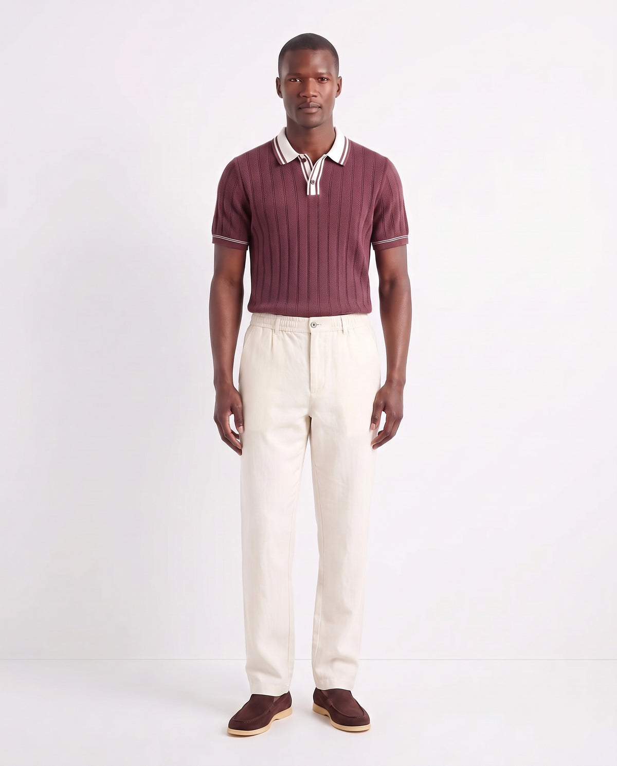 Linen Trouser, Button Waist — Cream — full look on the model, worn with Tipped Knit Polo — Burgundy and Terra Loafer — Dark Brown, Beige Sole