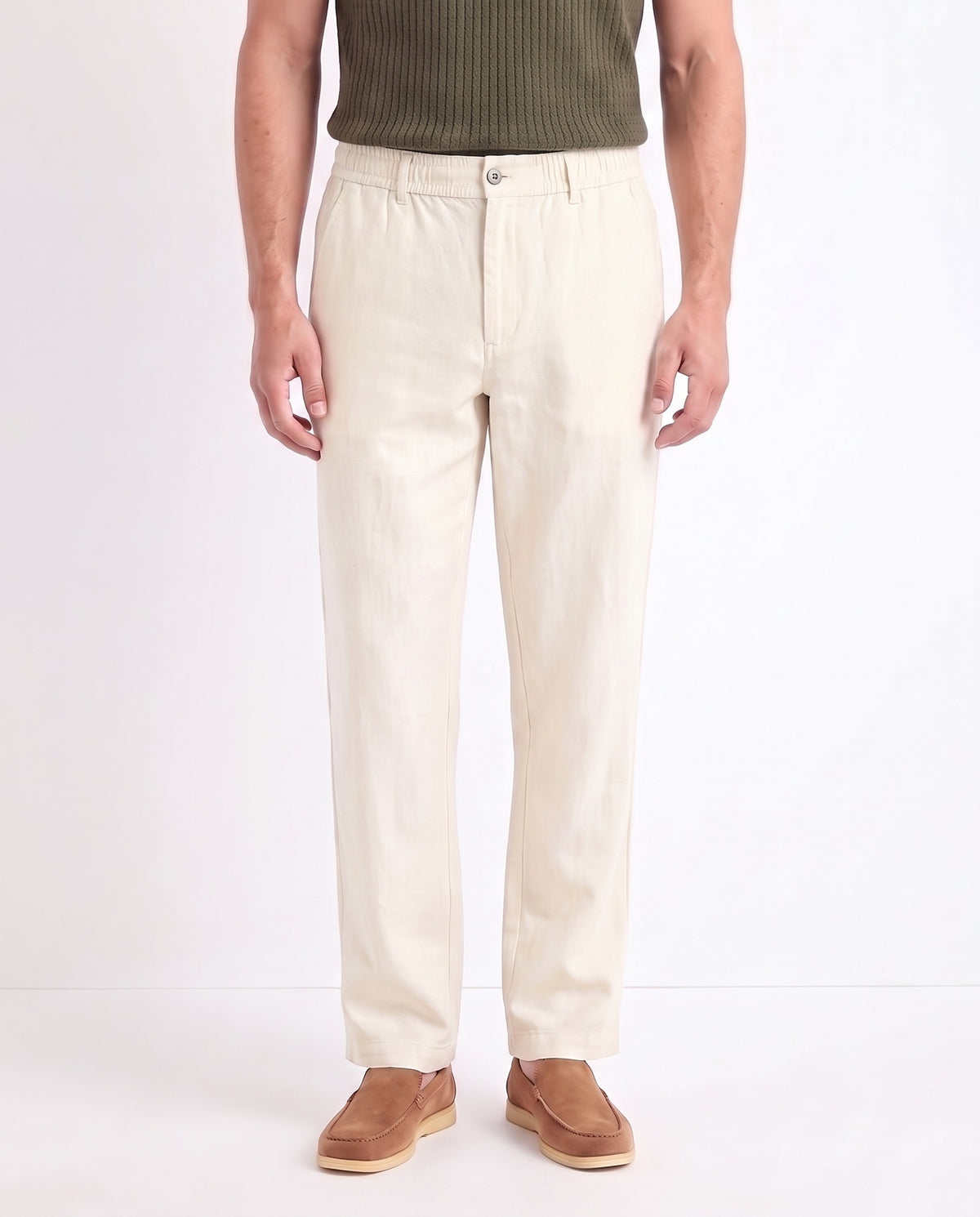 Linen Trouser, Button Waist — Cream — close-up on the model, worn with Textured Knit Polo — Dark Olive and Terra Loafer — Light Brown, Beige Sole