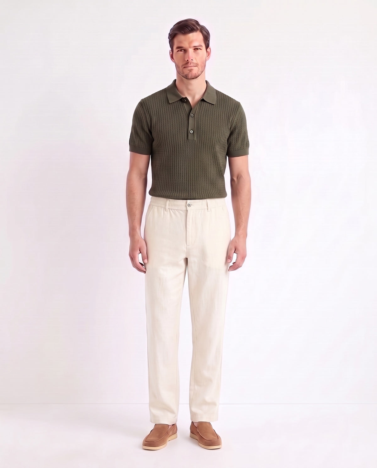 Linen Trouser, Button Waist — Cream — full look on the model, worn with Textured Knit Polo — Dark Olive and Terra Loafer — Light Brown, Beige Sole
