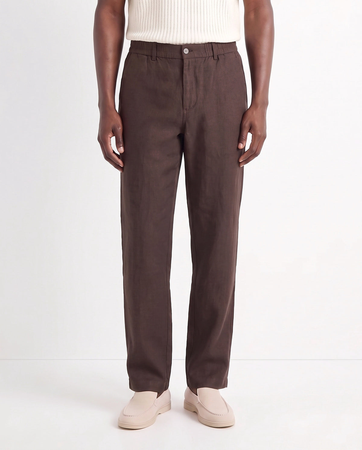 Linen Trouser, Button Waist — Dark Brown — close-up on the model, worn with Textured Knit Polo — Cream and Terra Loafer — Cream, Beige Sole