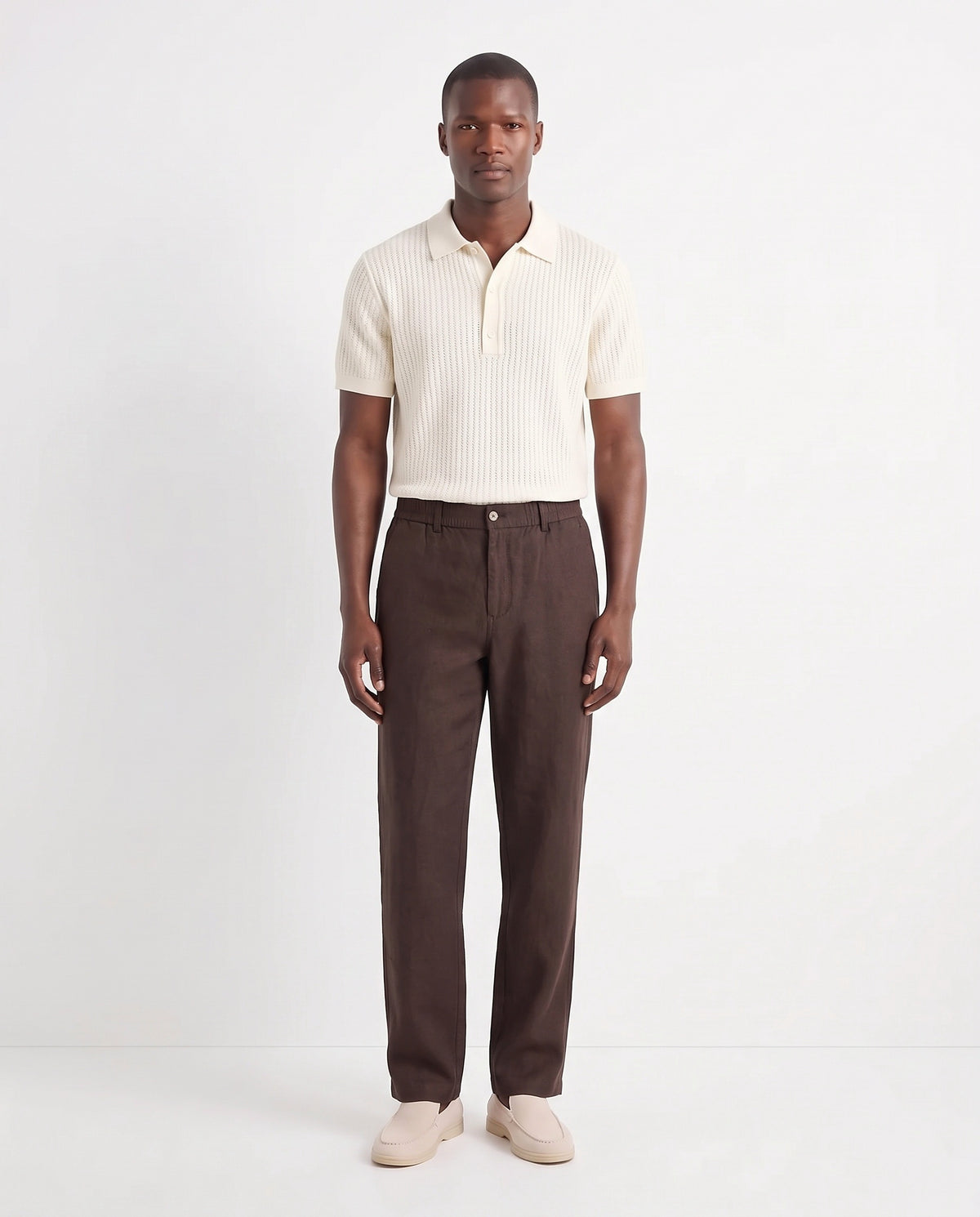 Linen Trouser, Button Waist — Dark Brown — full look on the model, worn with Textured Knit Polo — Cream and Terra Loafer — Cream, Beige Sole