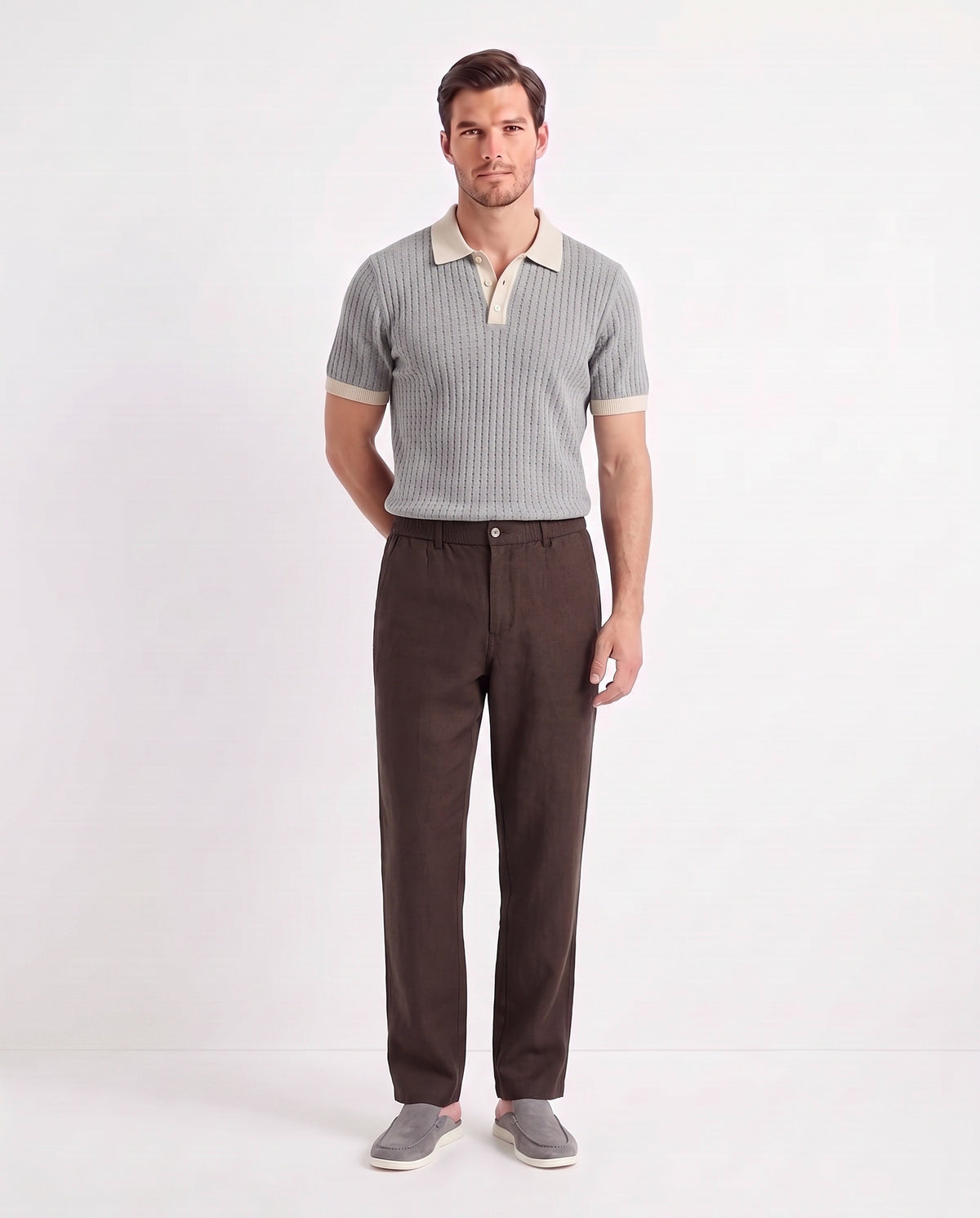 Linen Trouser, Button Waist — Dark Brown — full look on the model, worn with Contrast Collar Knit Polo — Grey and Dune Mule — Grey