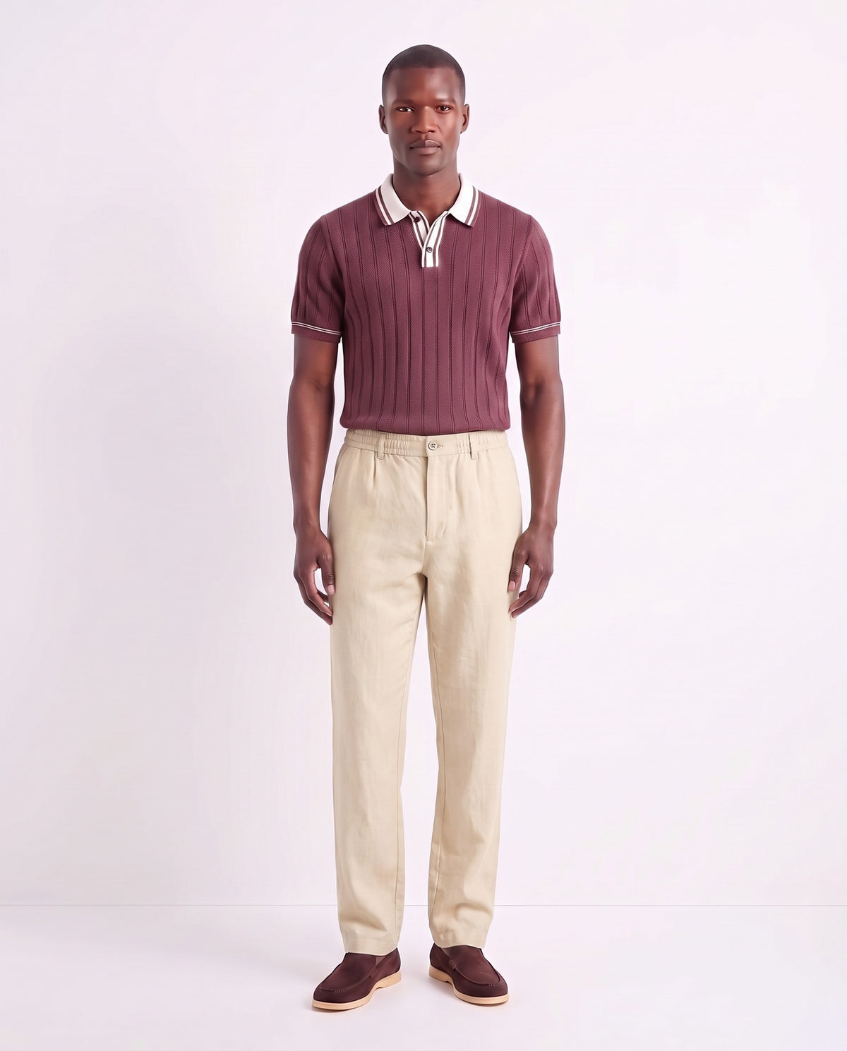 Linen Trouser, Button Waist — Dark Cream — full look on the model, worn with Tipped Knit Polo — Burgundy and Terra Loafer — Dark Brown, Beige Sole