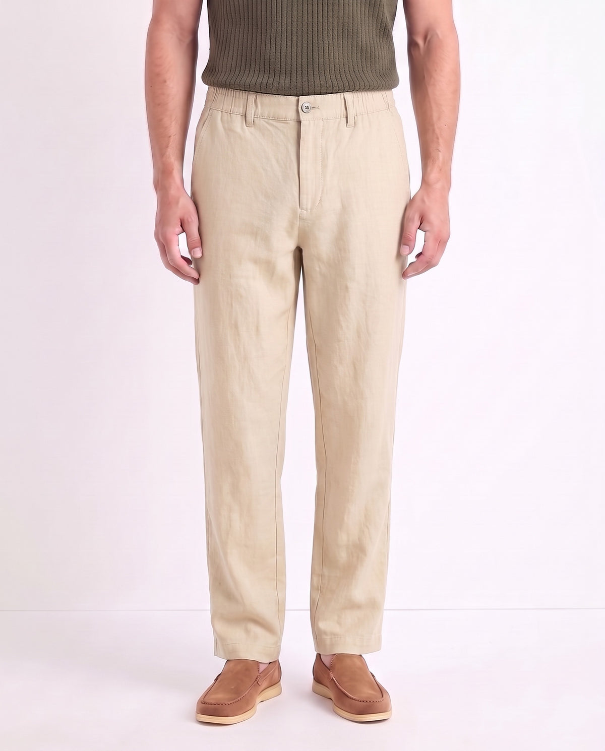 Linen Trouser, Button Waist — Dark Cream — close-up on the model, worn with Textured Knit Polo — Dark Olive and Terra Loafer — Light Brown, Beige Sole