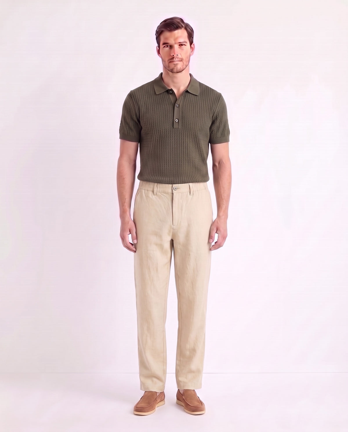 Linen Trouser, Button Waist — Dark Cream — full look on the model, worn with Textured Knit Polo — Dark Olive and Terra Loafer — Light Brown, Beige Sole