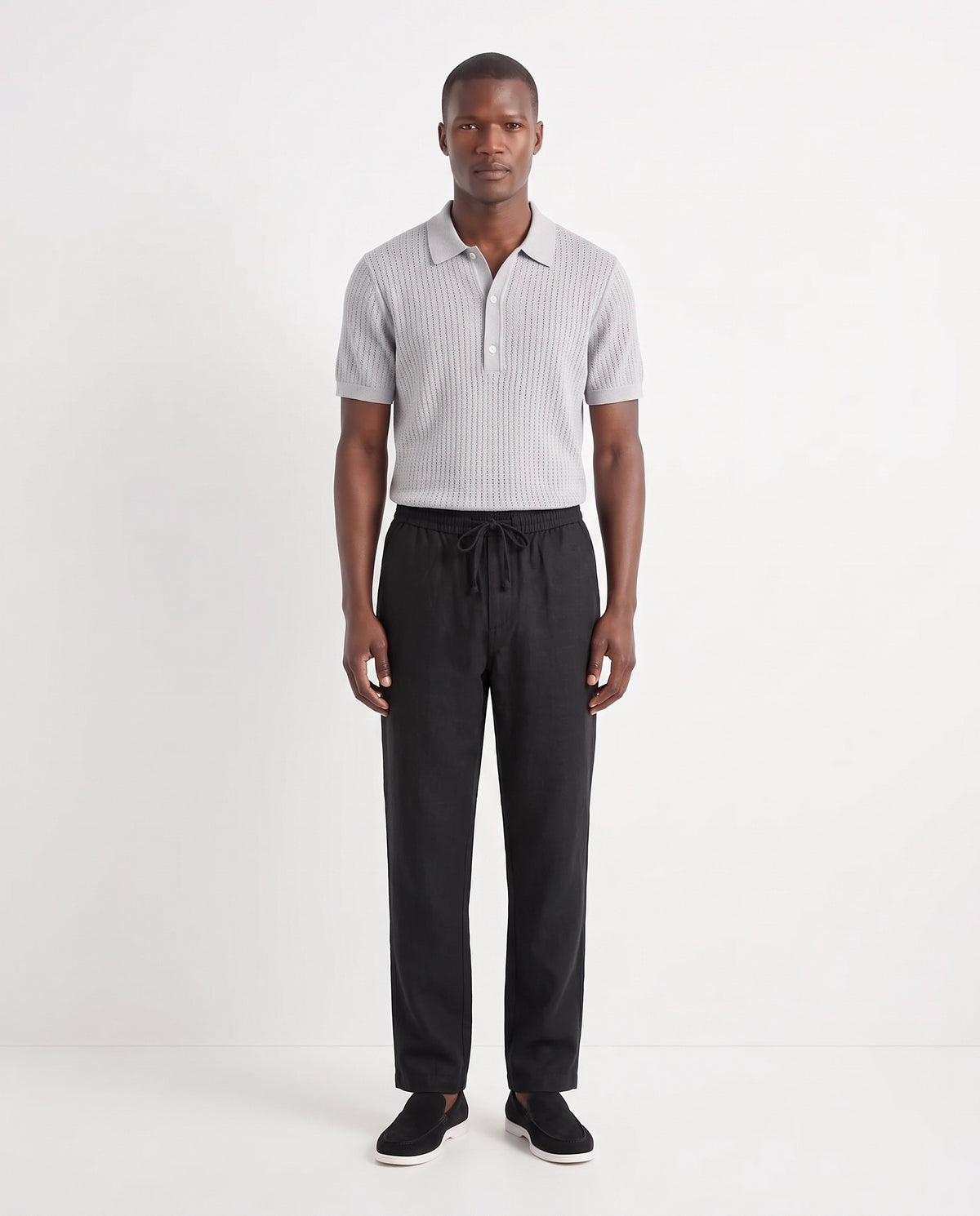 Linen Trouser, Drawstring — Black — full look on the model, worn with Textured Knit Polo — Light Grey and Terra Loafer — Black Suede, White Sole