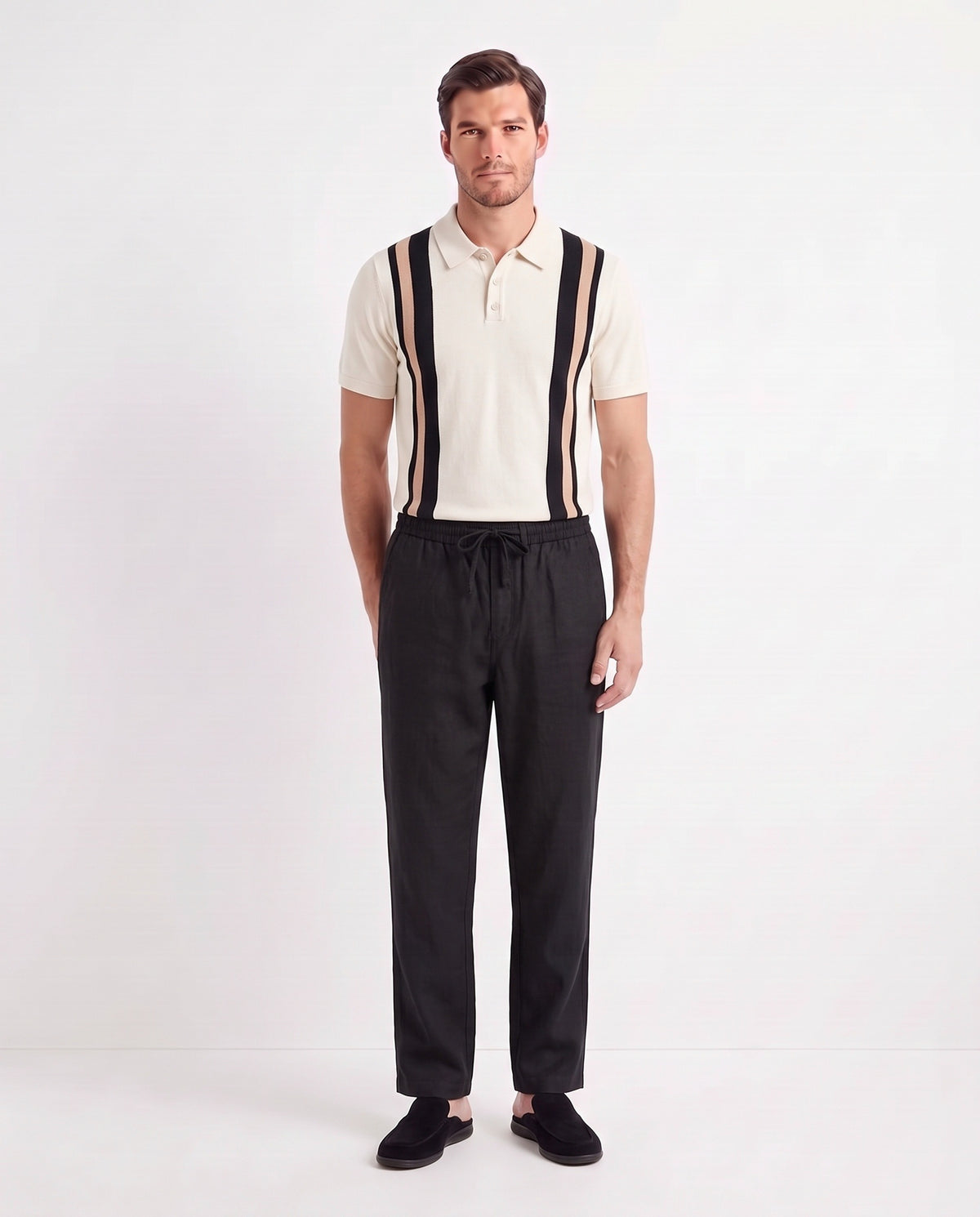Linen Trouser, Drawstring — Black — full look on the model, worn with Retro Stripe Knit Polo — Cream and Dune Mule — Black, Black Sole