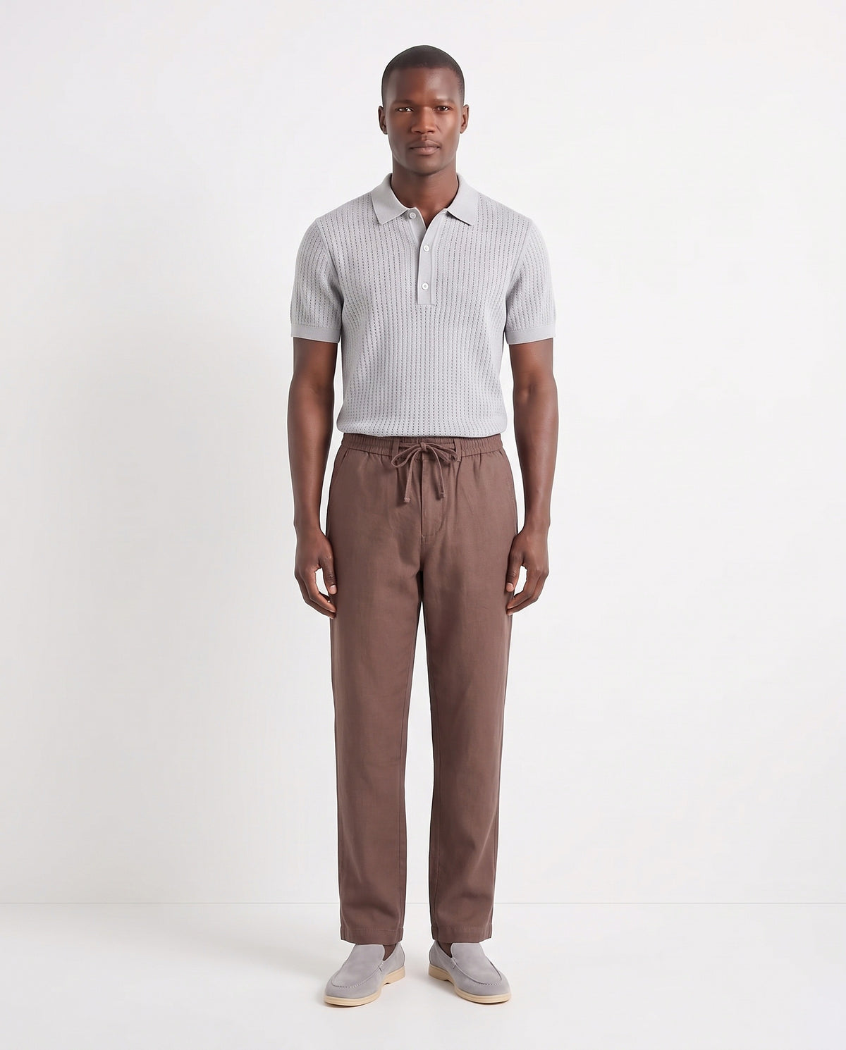 Linen Trouser, Drawstring — Brown — full look on the model, worn with Textured Knit Polo — Light Grey and Terra Loafer — Stone Grey, Beige Sole
