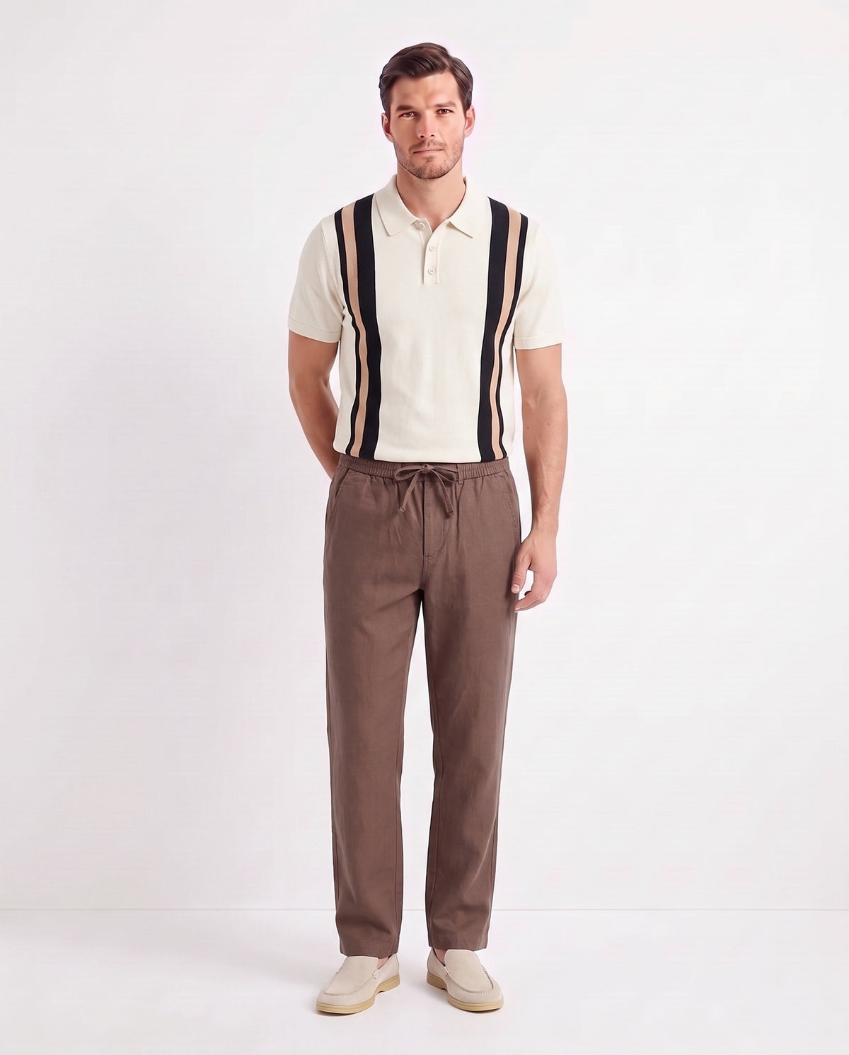 Linen Trouser, Drawstring — Brown — full look on the model, worn with Retro Stripe Knit Polo — Cream and Terra Loafer — Cream, Beige Sole