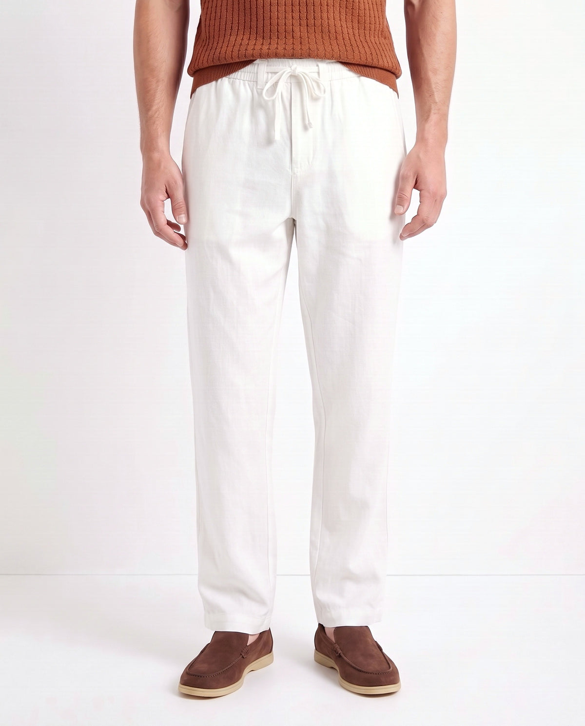 Linen Trouser, Drawstring — White — close-up on the model, worn with Contrast Collar Knit Polo — Rust and Terra Loafer — Cocoa, Beige Sole